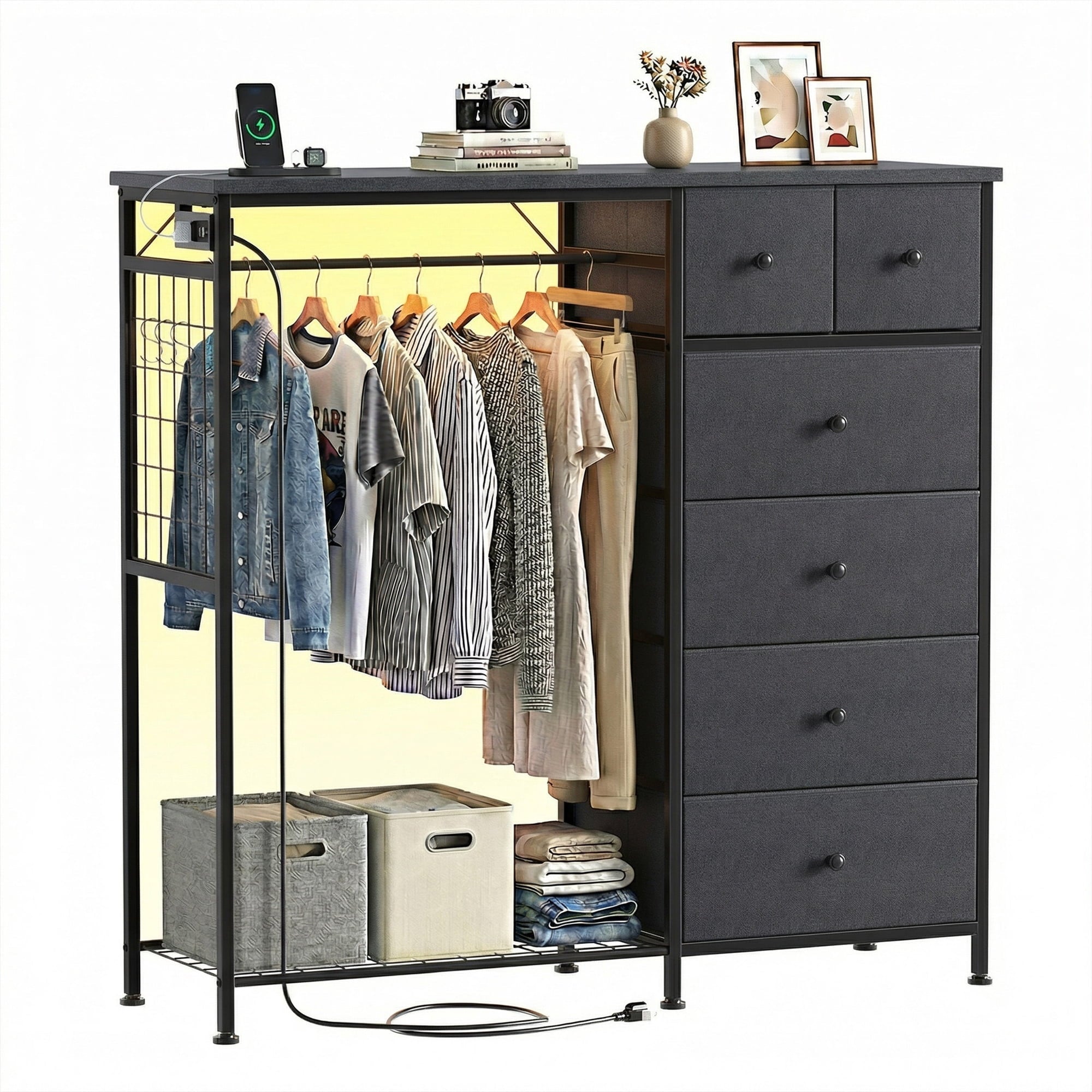 EDX Dresser for Bedroom with Hanging Rack, Dresser with LED Lights & Charging Station, Fabric Dressers & Chest of Drawers with Rack, Wooden Top, Grid Panel