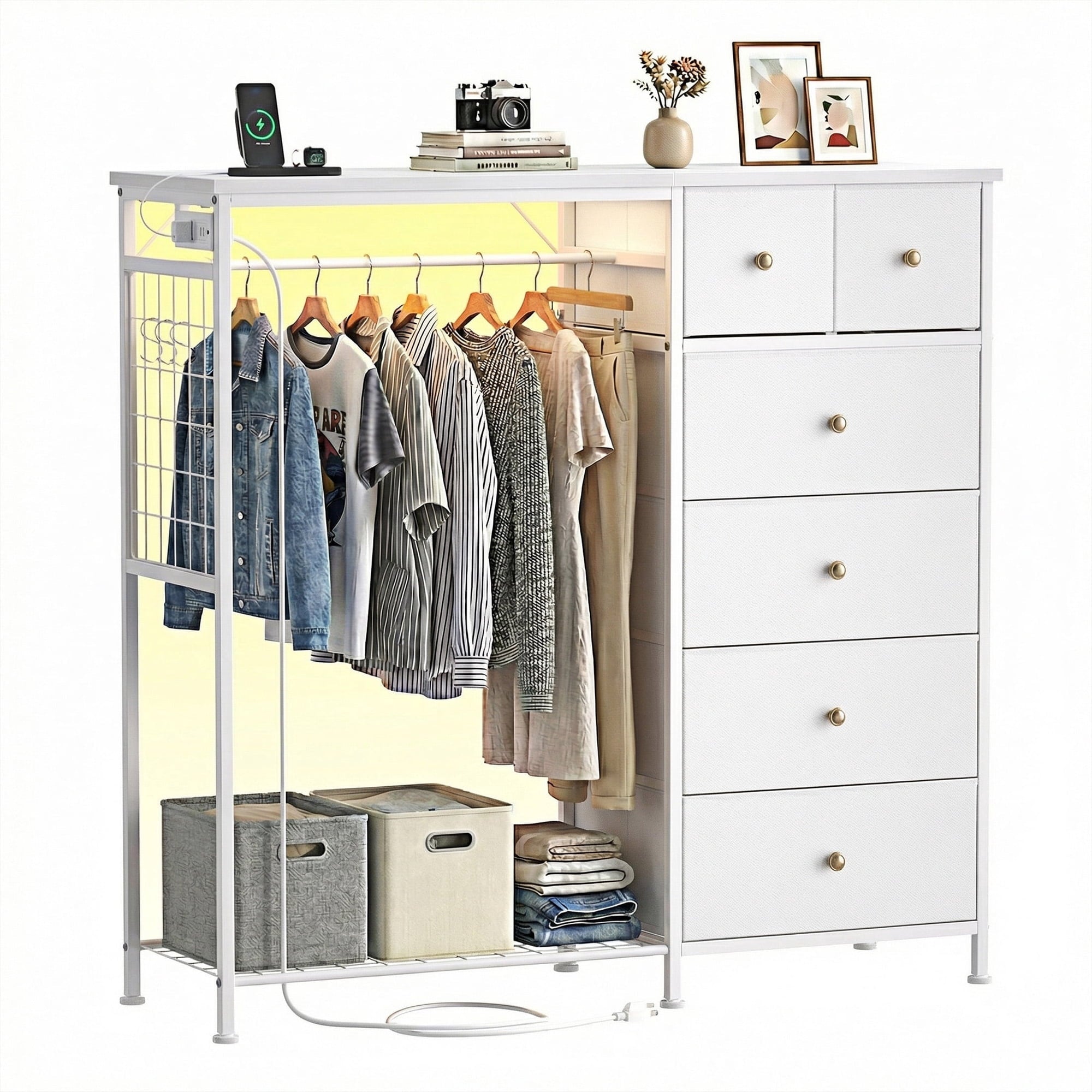EDX Dresser for Bedroom with Hanging Rack, Dresser with LED Lights & Charging Station, Fabric Dressers & Chest of Drawers with Rack, Wooden Top, Grid Panel