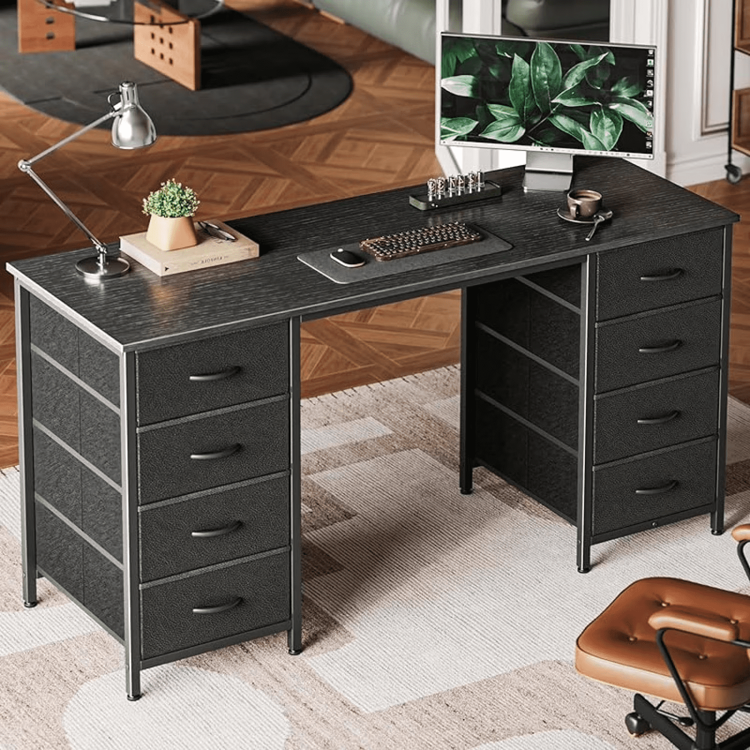 EDX 47 Inch Computer Desk with 8 Fabric Drawer, Home Office Desk with Power Outlets, Large Storage
