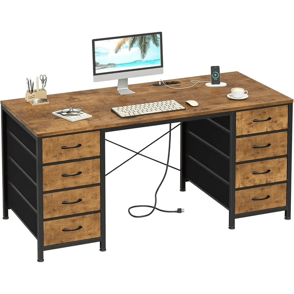 EDX 47 Inch Computer Desk with 8 Fabric Drawer, Home Office Desk with Power Outlets, Large Storage