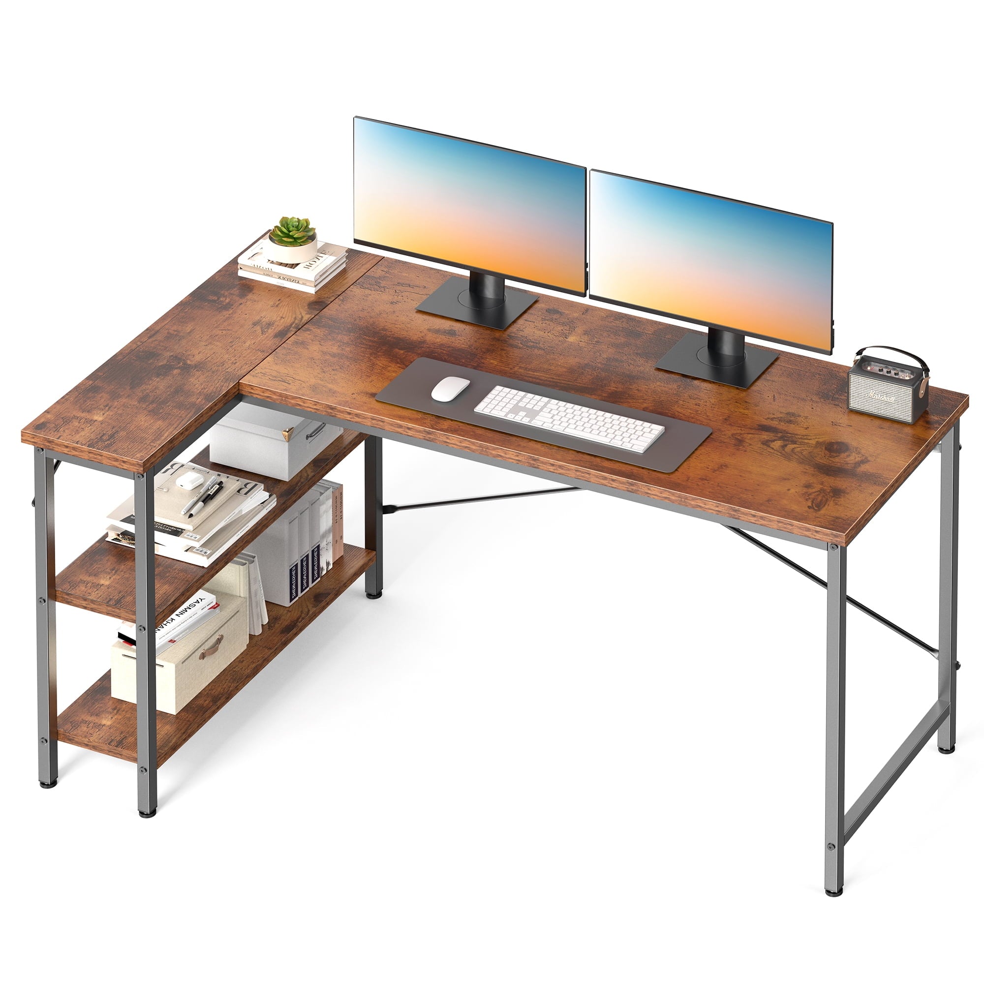EDX 47 Inch L Shaped Computer Desk, Corner Desk with Storage Rack & PC Stand, Reversible Gaming Desk for Bedroom, Modern Writing Study Table for Home Office