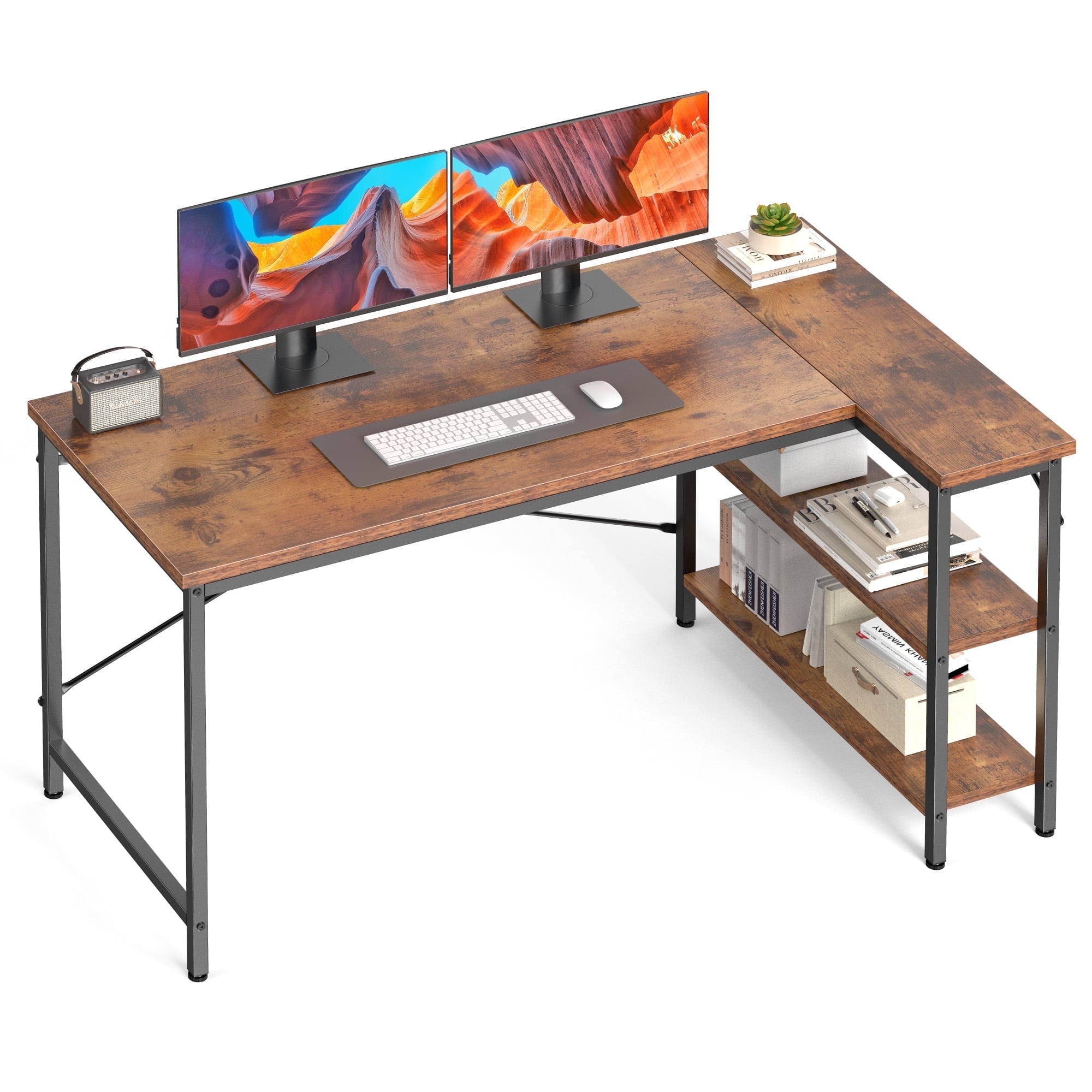 EDX 47 Inch L Shaped Computer Desk, Corner Desk with Storage Rack & PC Stand, Reversible Gaming Desk for Bedroom, Modern Writing Study Table for Home Office