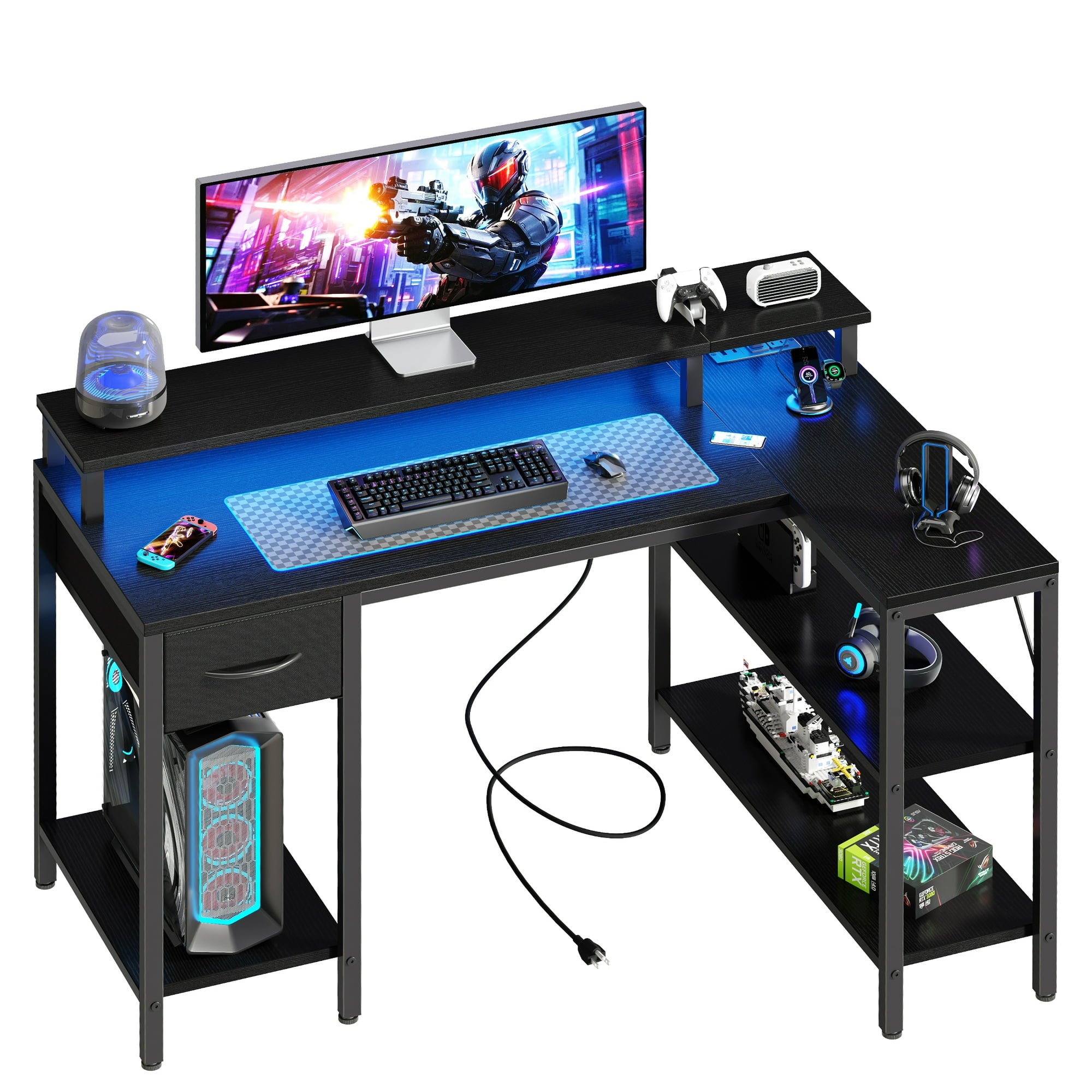 EDX  L Shaped Desk with Power Outlet & LED Light, Computer Gaming Desk with File Drawer & 2 Monitor Stands for Home Office with Storage Shelves