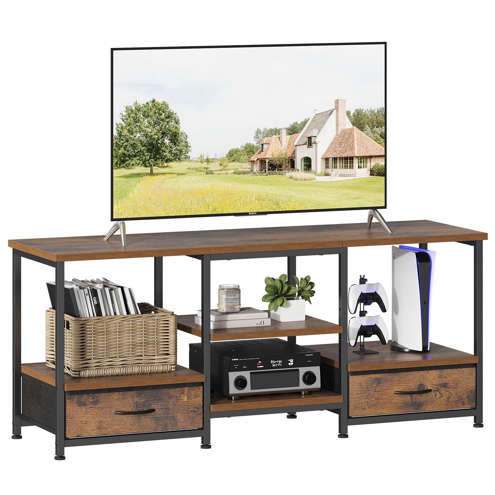 EDX  TV Stand with Power Outlets and LED Light, Double-layer 2 Fabric Drawers , Media Console with Storage for Living Room or Bedroom, Rust