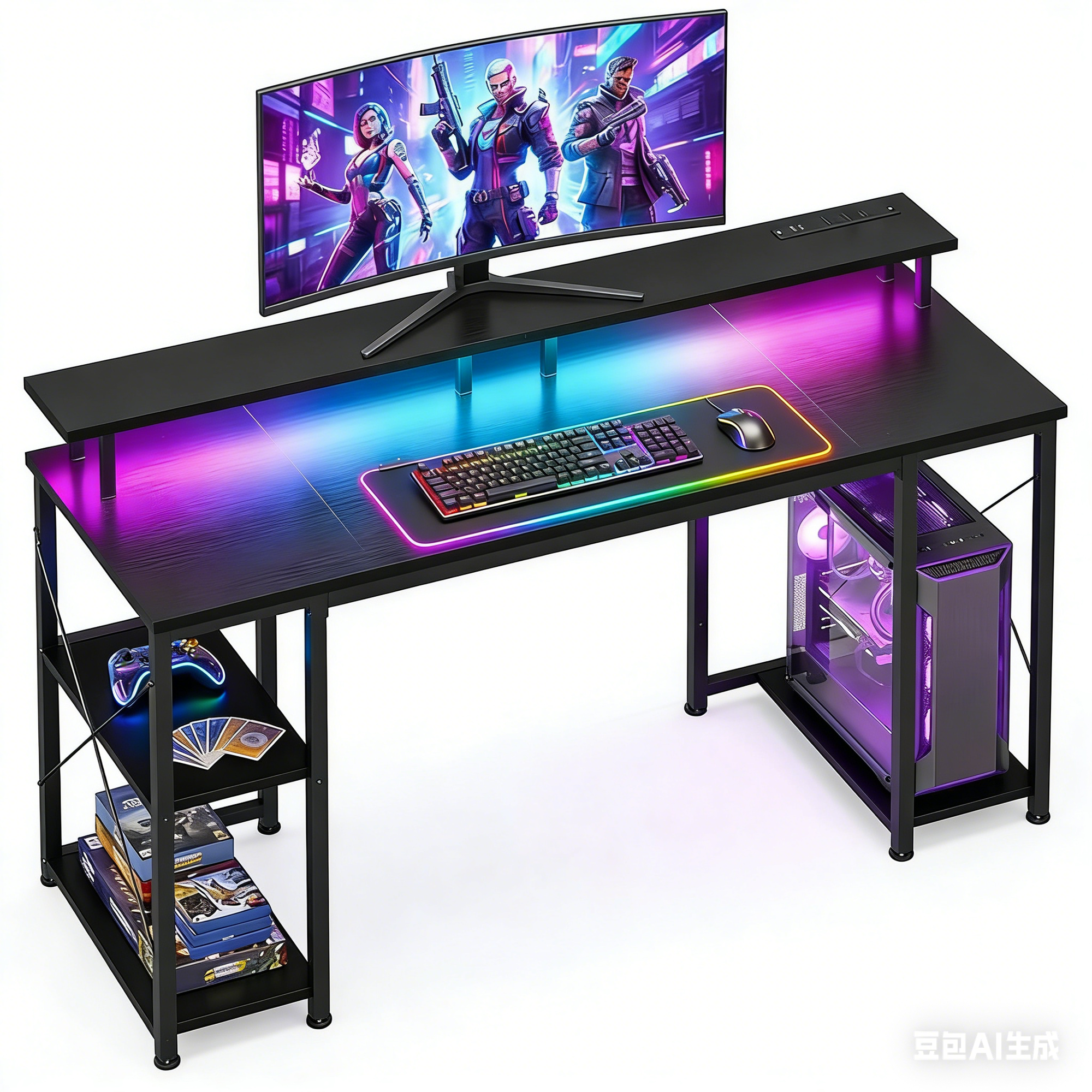 EDX 48 inch Gaming Desk with LED Lights & Power Outlets, Computer Desk with Monitor Stand & Storage Shelves, CPU Stand, Home Office Desk