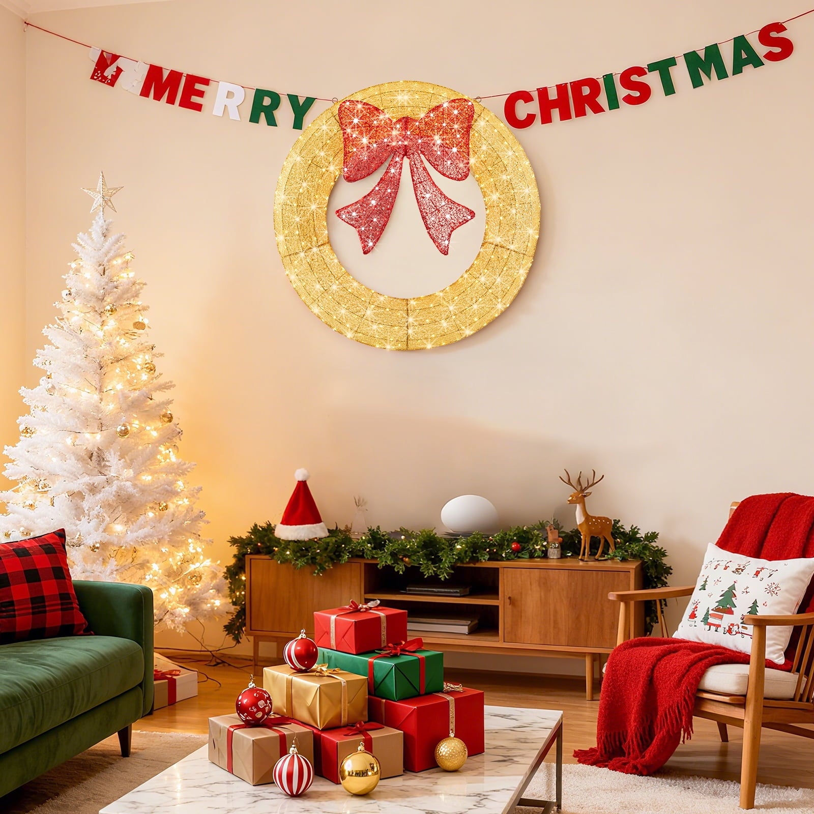 EDX  Pre-Lit Outdoor Christmas Wreath Decoration, LED Metal Holiday Decor for Home w/ 120 Lights, Bow