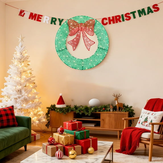 EDX  Pre-Lit Outdoor Christmas Wreath Decoration, LED Metal Holiday Decor for Home w/ 120 Lights, Bow