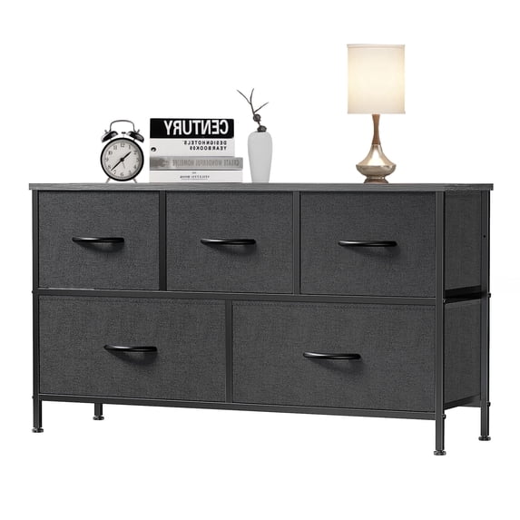 EDX 5 Drawer Dresser, Wide Chest of Drawers Nightstand Storage Tower Storage Fabric Dresser with Wood Top for Living Room, Bedroom, Hallway