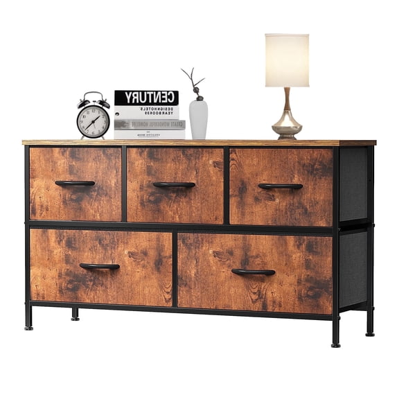 EDX 5 Drawer Dresser, Wide Chest of Drawers Nightstand Storage Tower Storage Fabric Dresser with Wood Top for Living Room, Bedroom, Hallway