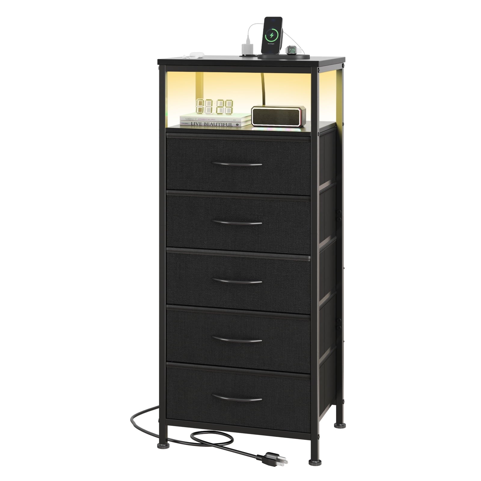 EDX Fabric Drawers Nightstand with Charging Station & USB/Type-C Ports and Outlets, Variable Light Strip Bedside End Table with Adjustable Feet for Bedroom