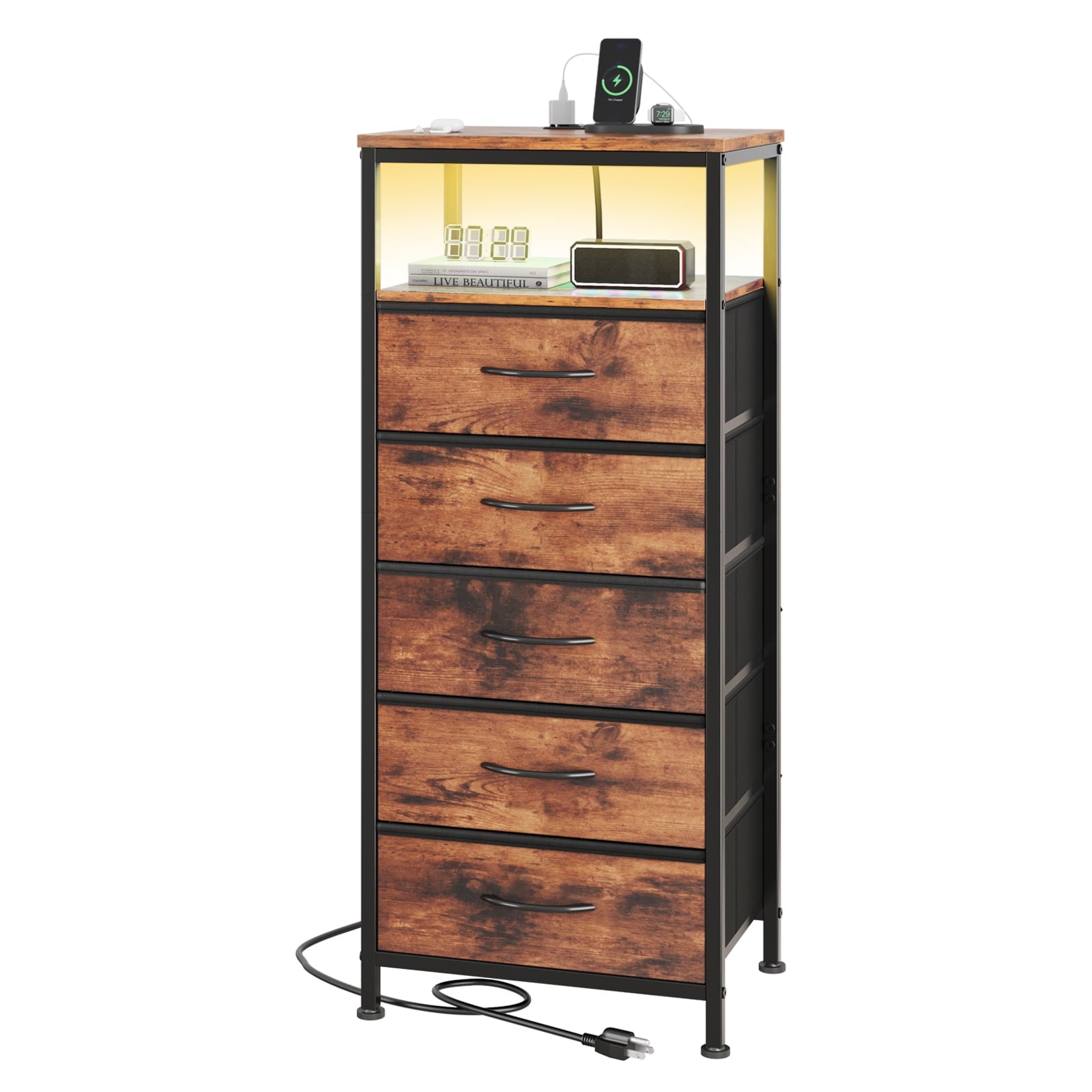 EDX Fabric Drawers Nightstand with Charging Station & USB/Type-C Ports and Outlets, Variable Light Strip Bedside End Table with Adjustable Feet for Bedroom