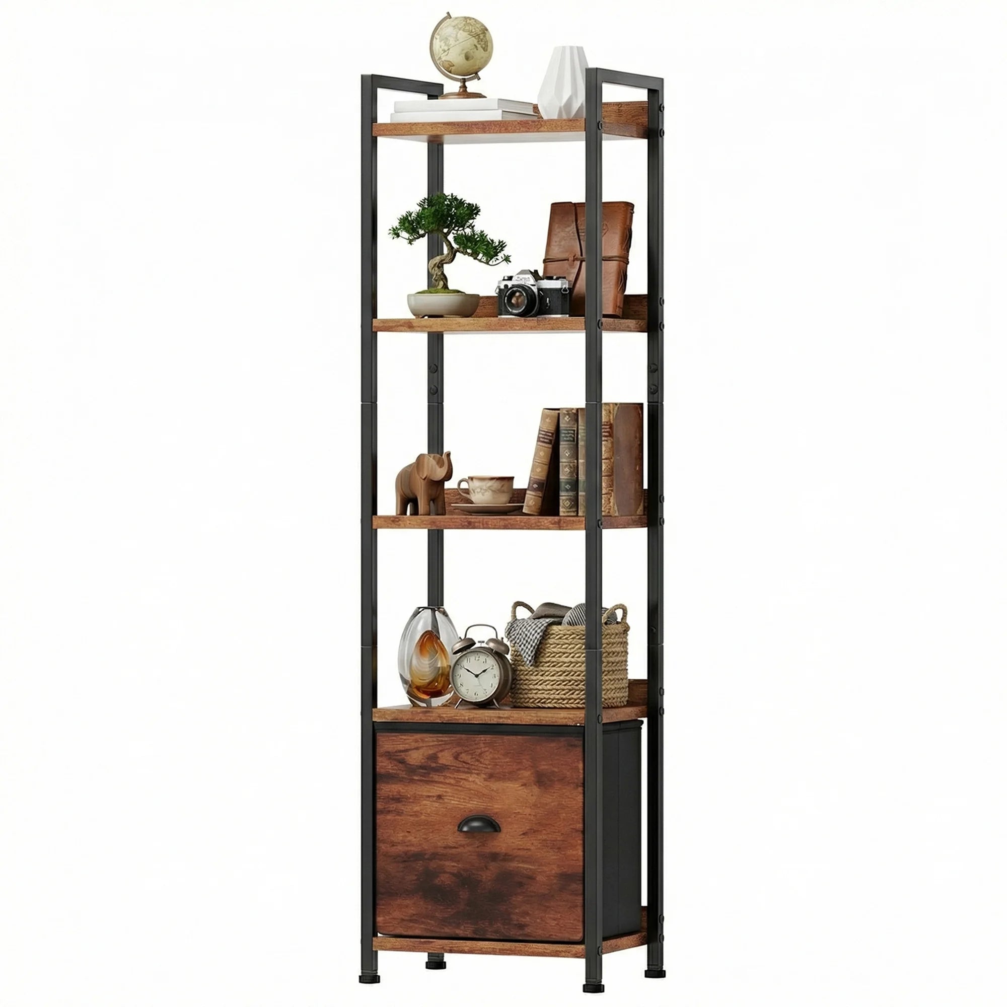 EDX Bookshelf with Drawer, Narrow Bookcase with Shelves, Industrial Display Standing Shelf Unit for Bedroom, Living Room