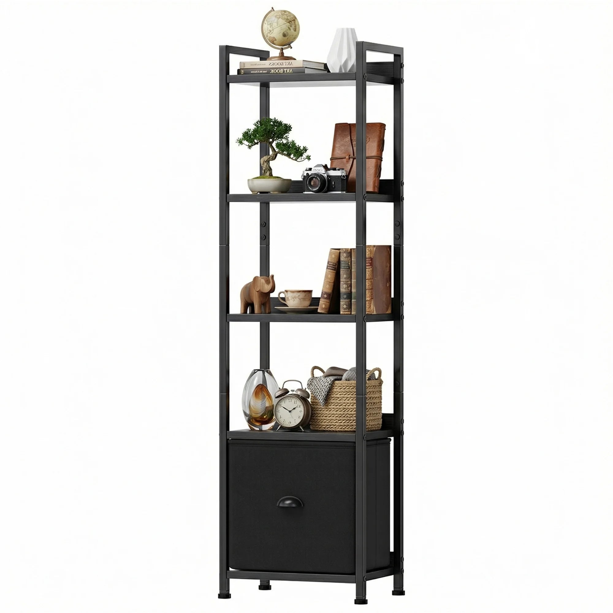 EDX Bookshelf with Drawer, Narrow Bookcase with Shelves, Industrial Display Standing Shelf Unit for Bedroom, Living Room