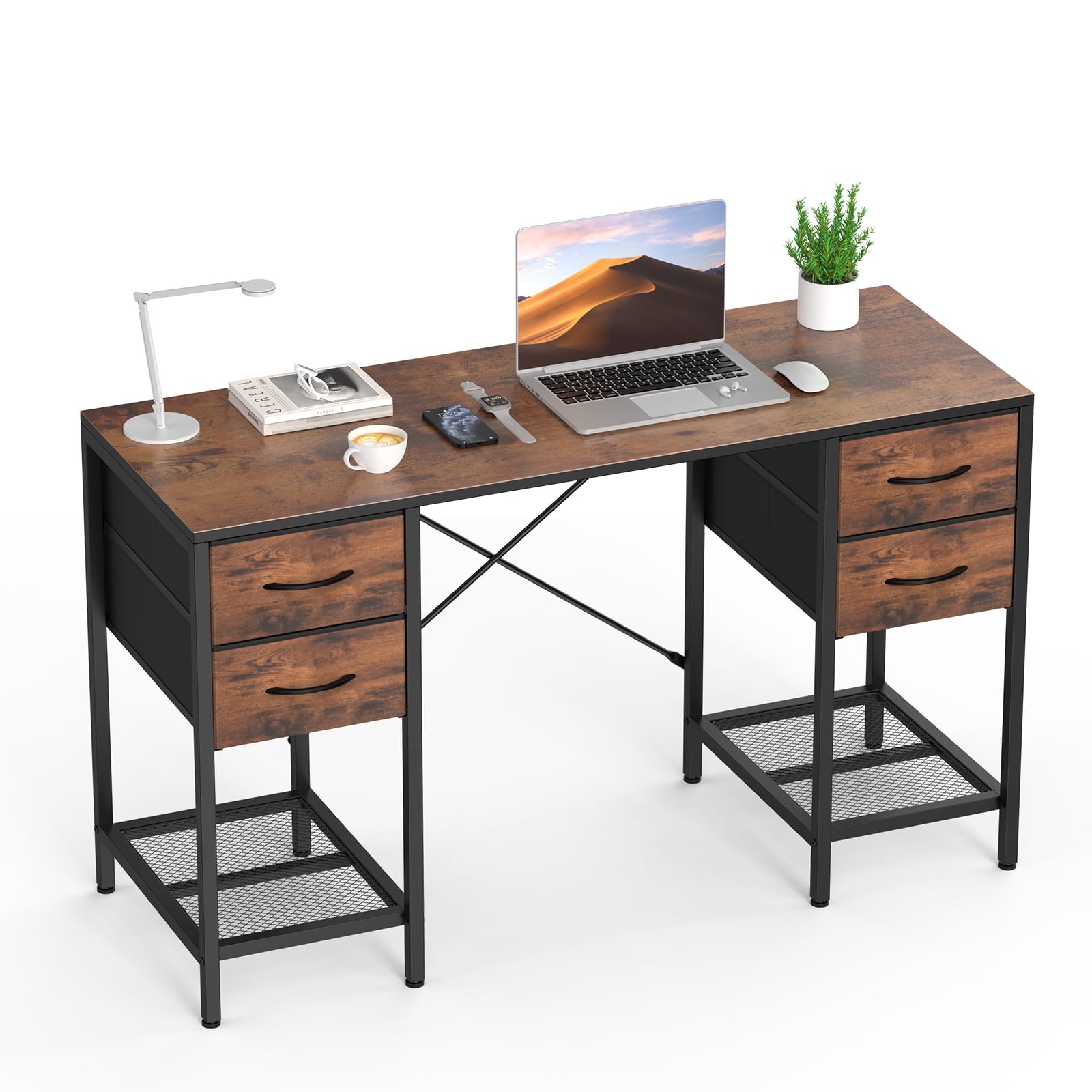 EDX  Computer Desk with 4 Drawers, Office Desk with Mesh Shelf, Gaming Desk, Writing Work Desk , Large Storage, Rust