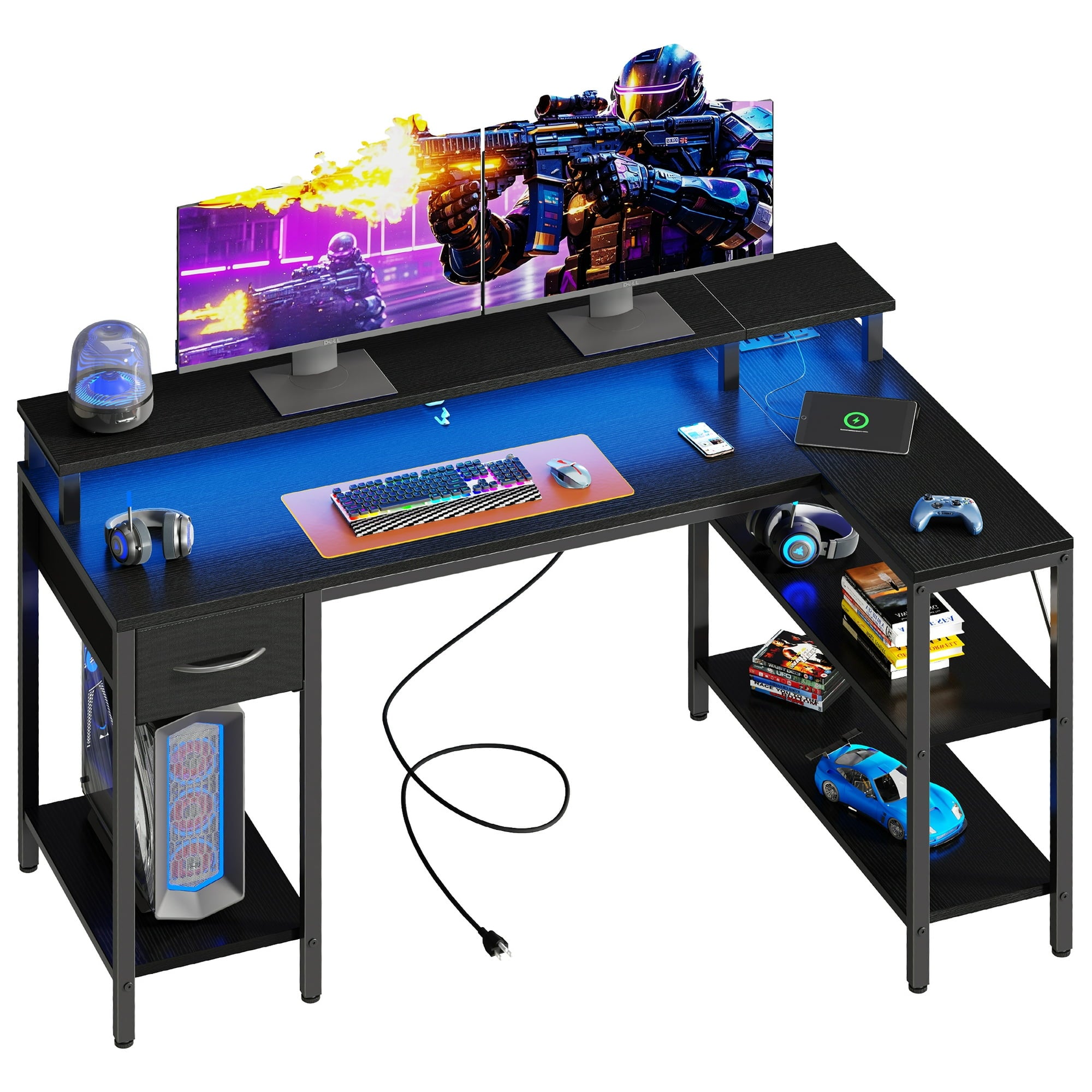 EDX  L Shaped Desk with Power Outlet & LED Light, Computer Gaming Desk with File Drawer & 2 Monitor Stands for Home Office with Storage Shelves