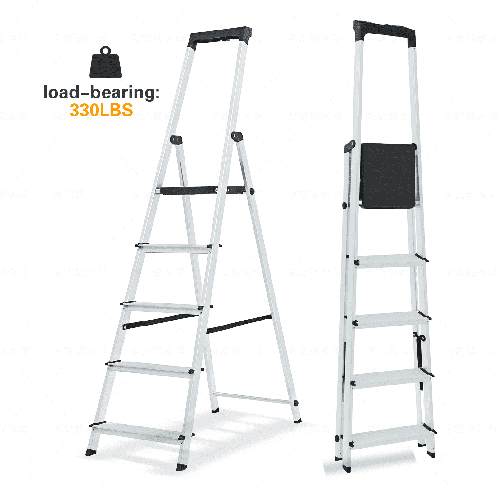 edx Aluminum Folding Step Ladder, 330 lb Capacity – Non-Slip Steps, Safety Rail, Steel Platform, Tool Tray, Slim Fold for Home & Garage, Silver