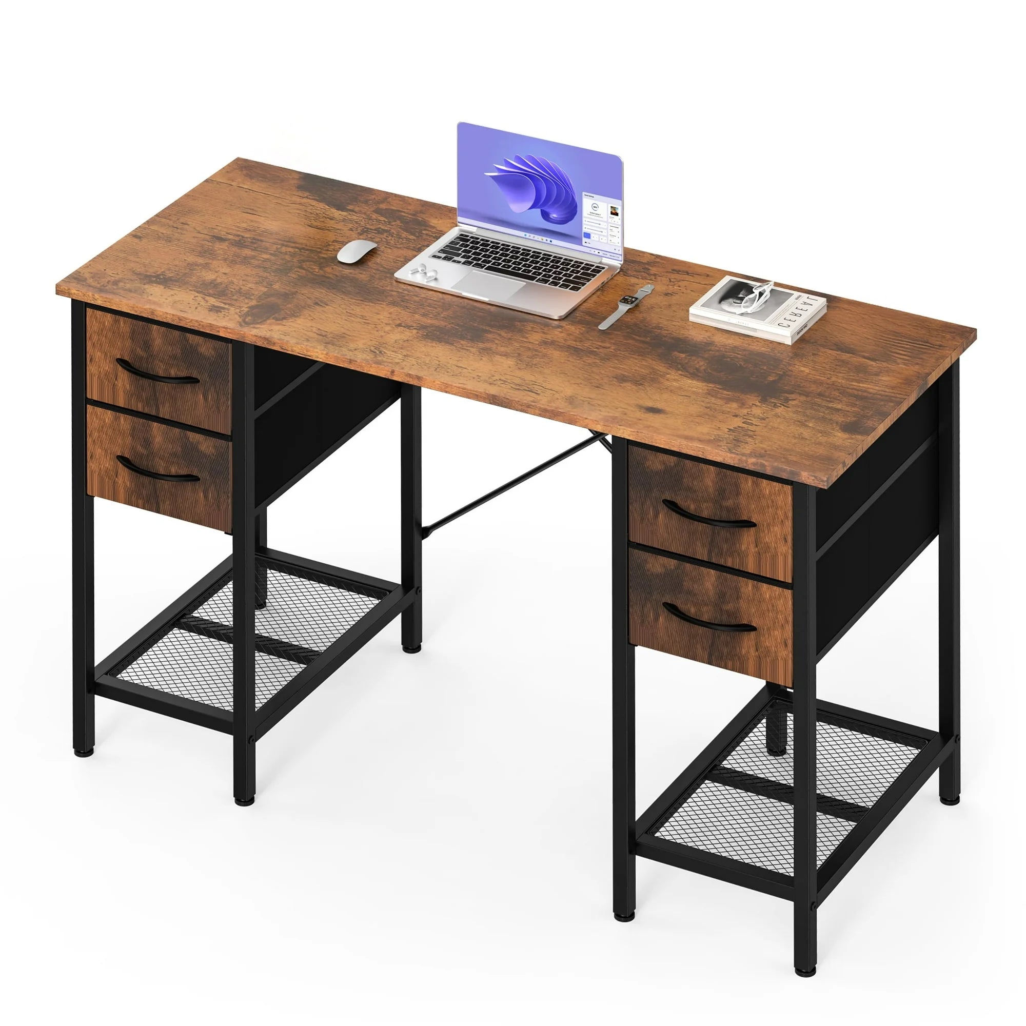 EDX  Computer Desk with 4 Drawers, Office Desk with Mesh Shelf, Gaming Desk, Writing Work Desk , Large Storage, Rust