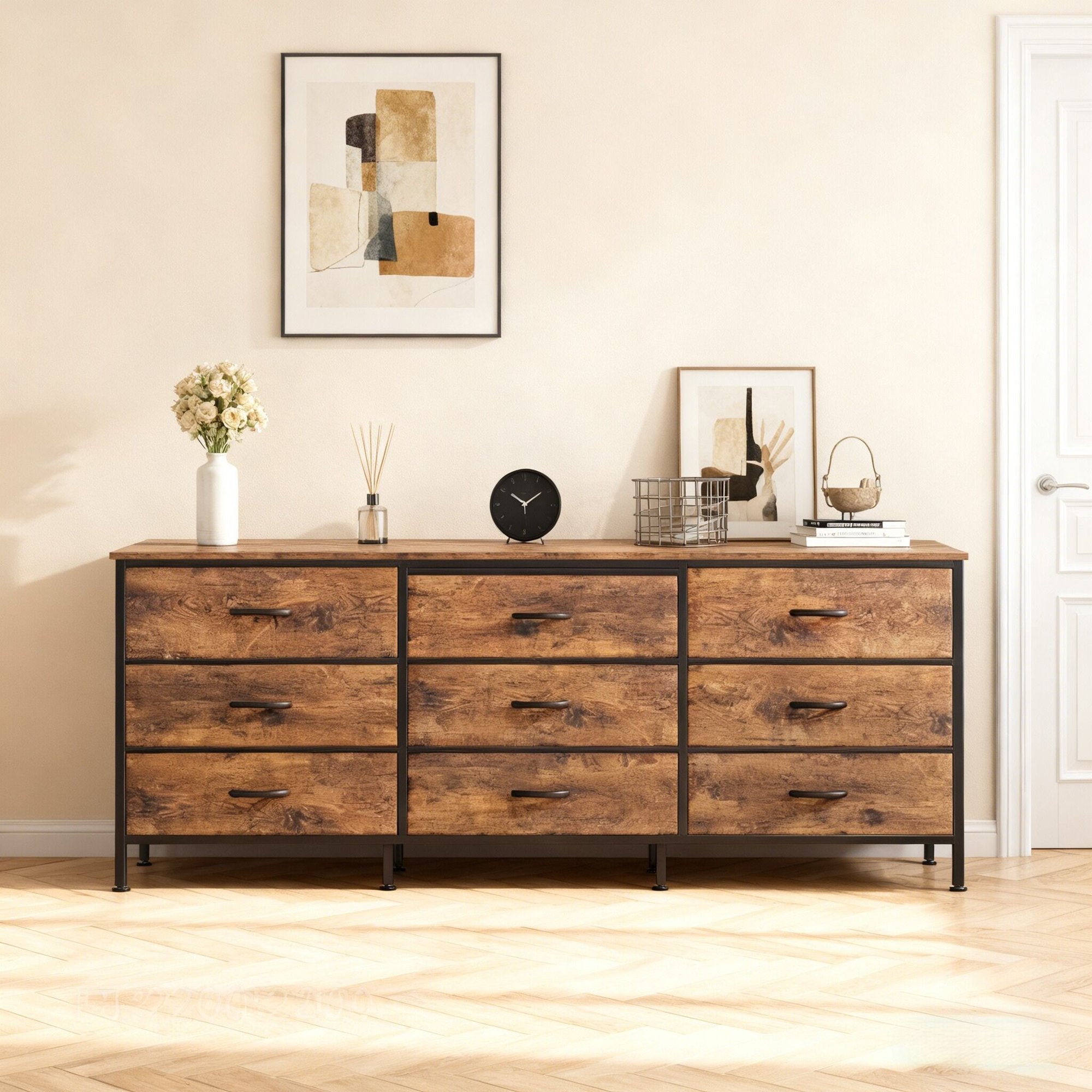 edx 9 Drawer Dresser for Bedroom, 63" Fabric Chest, TV Stand for 65, 70, 75 inch TV, Wide Storage Organizer for Closet, Hallway & Living Room