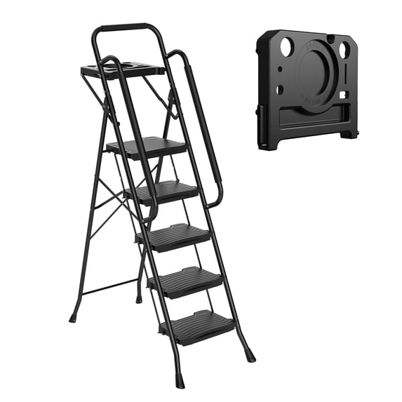 EDX 63 Inch Plastic Stepstool, 5 Folding Stepstool with Non-Slip Pedals and Comfortable Handrails, Sturdy Steel Ladder Portable Heavy Duty Stepstool for Kitchen, Garage and Outdoor Use, black