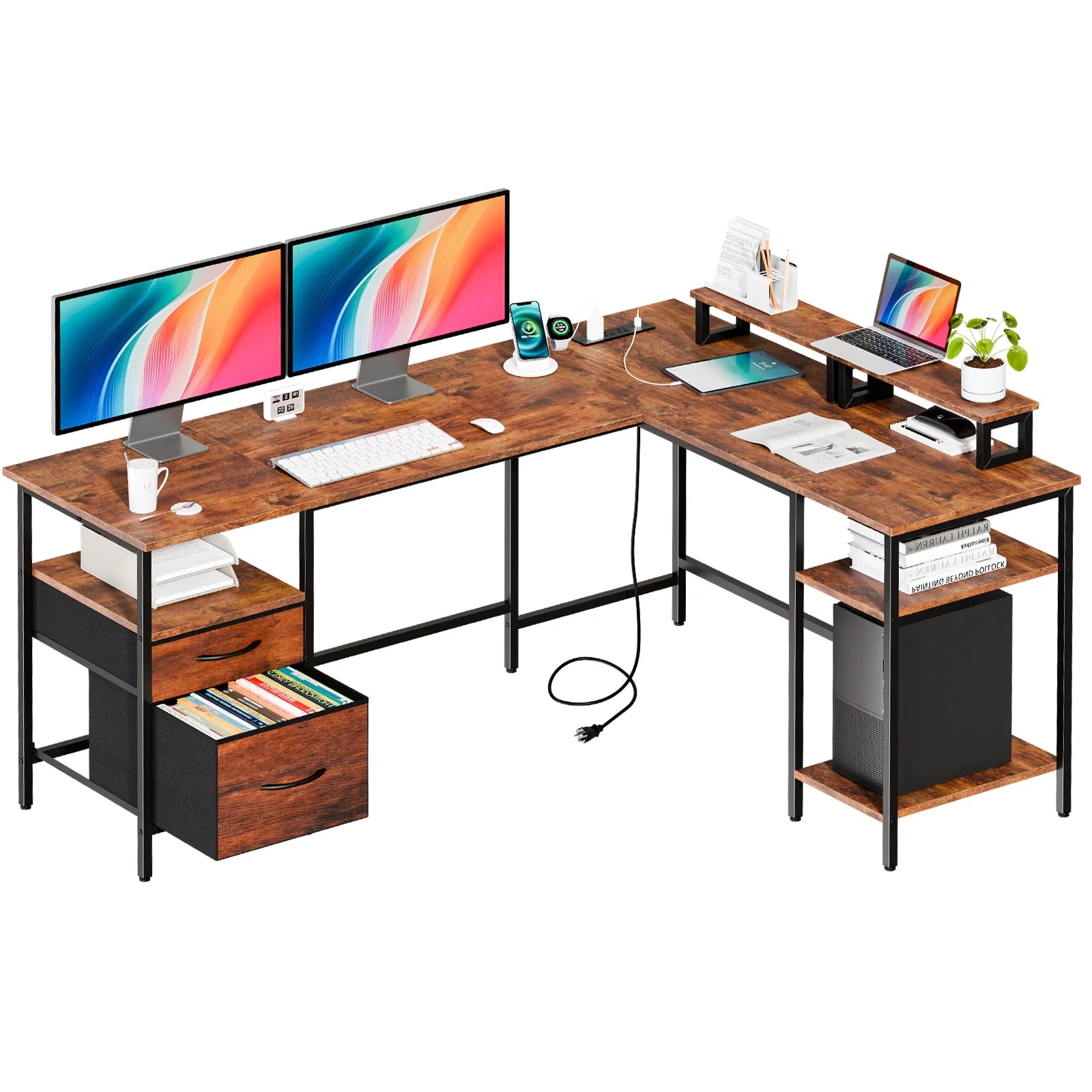 EDX 65” L Shaped Desk with Power Outlet, Reversible Computer Gaming Desk, File Drawer, 2 Monitor Stands & Storage Shelves for Home Office