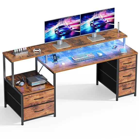 EDX 67 Inch Gaming Desk with Hutch, 4 Fabric Drawers & LED Lights, Reversible Computer Table with Monitor Stand for Home Office