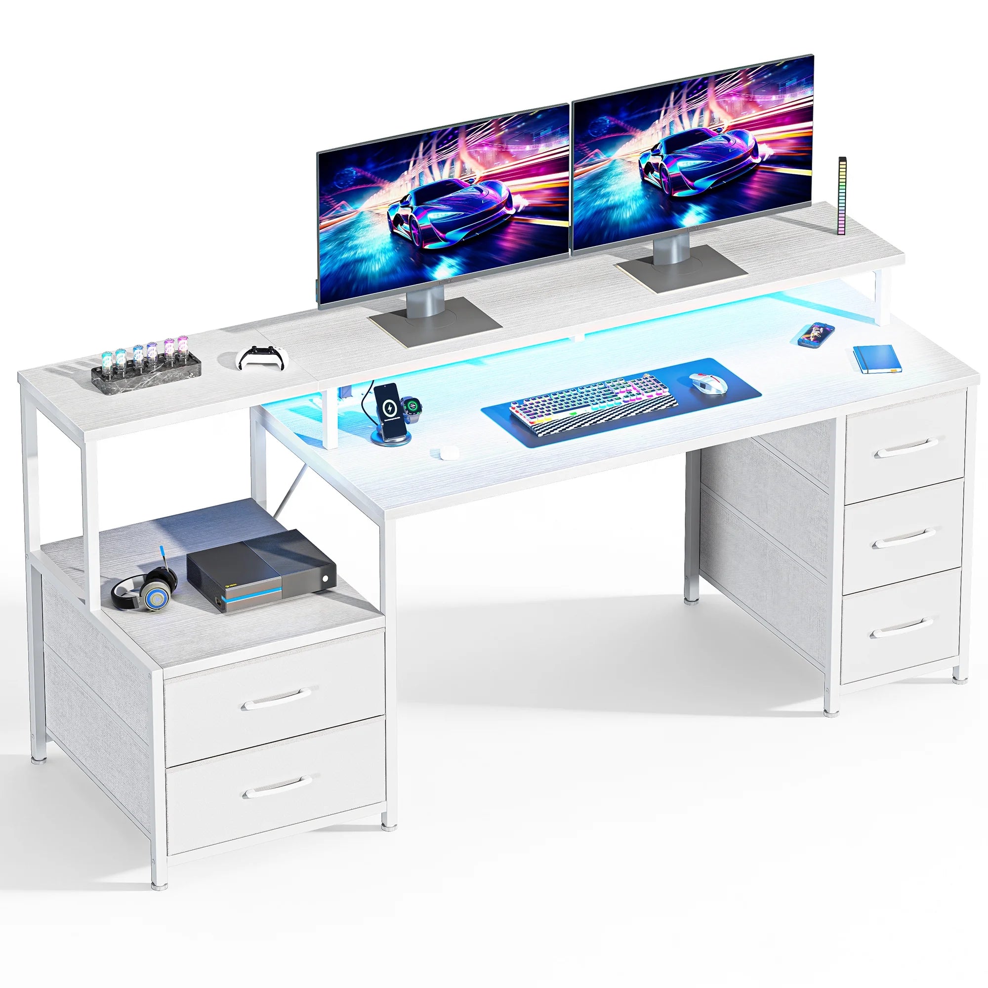 EDX 67 Inch Gaming Desk with Hutch, 4 Fabric Drawers & LED Lights, Reversible Computer Table with Monitor Stand for Home Office