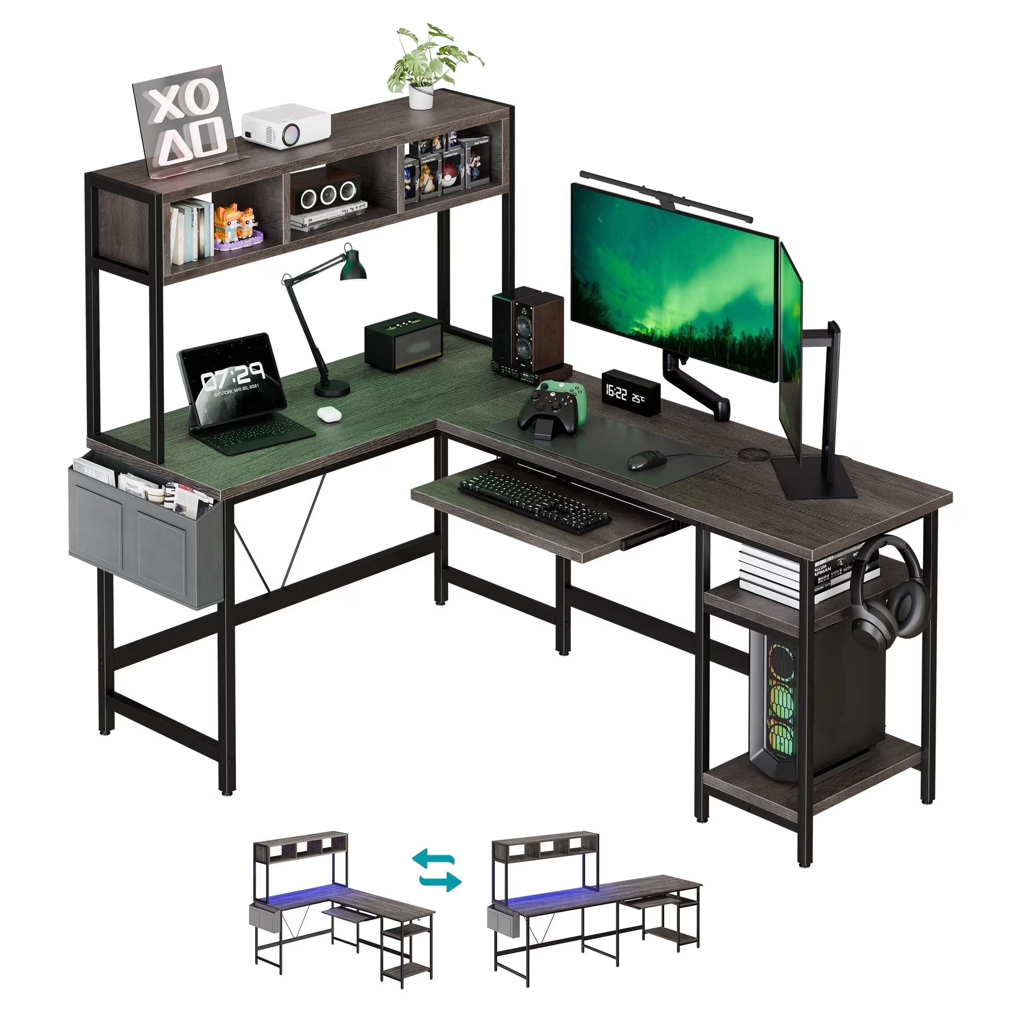 EDX 67‘’ L Shaped Computer Desk with LED Light & Power Outlet, Reversible Table with Shelf & Storage Bag & Keyboard Tray for Home Office, Corner Desk