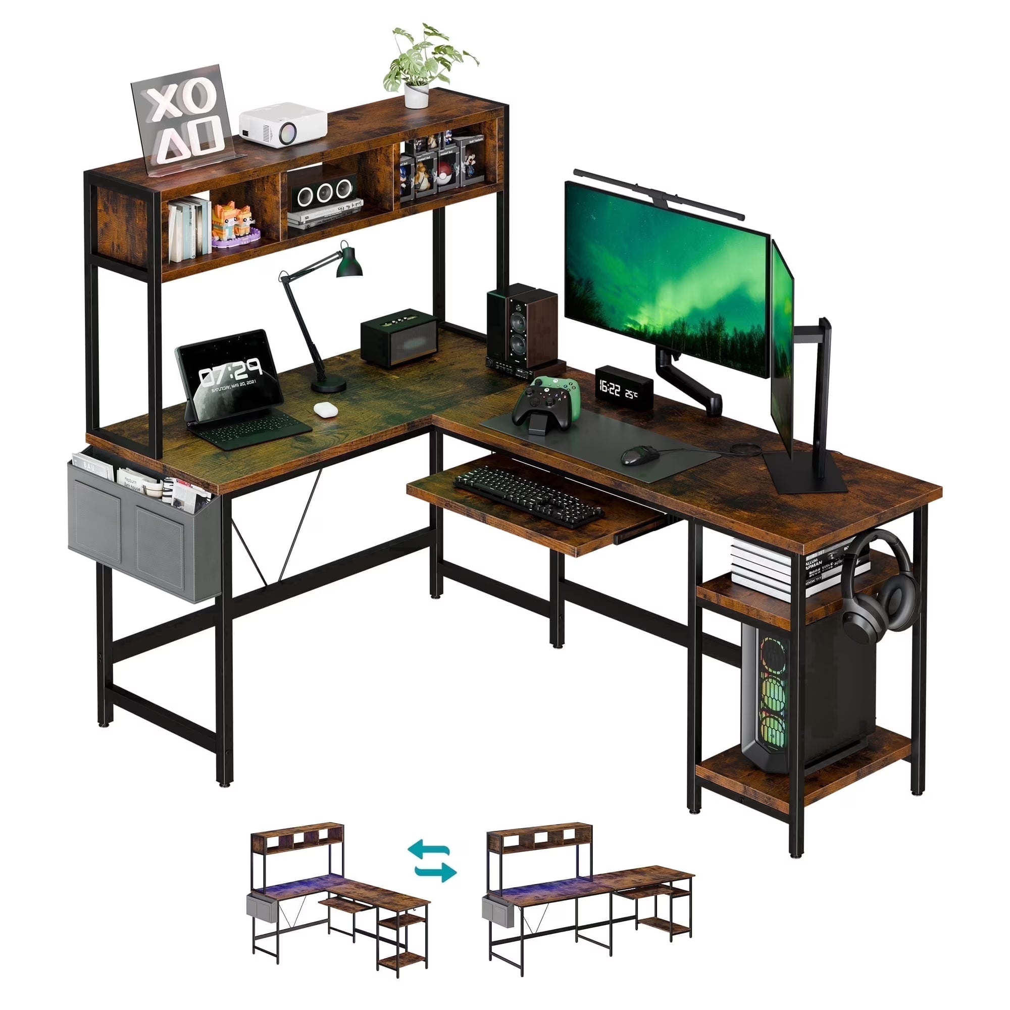 EDX 67‘’ L Shaped Computer Desk with LED Light & Power Outlet, Reversible Table with Shelf & Storage Bag & Keyboard Tray for Home Office, Corner Desk