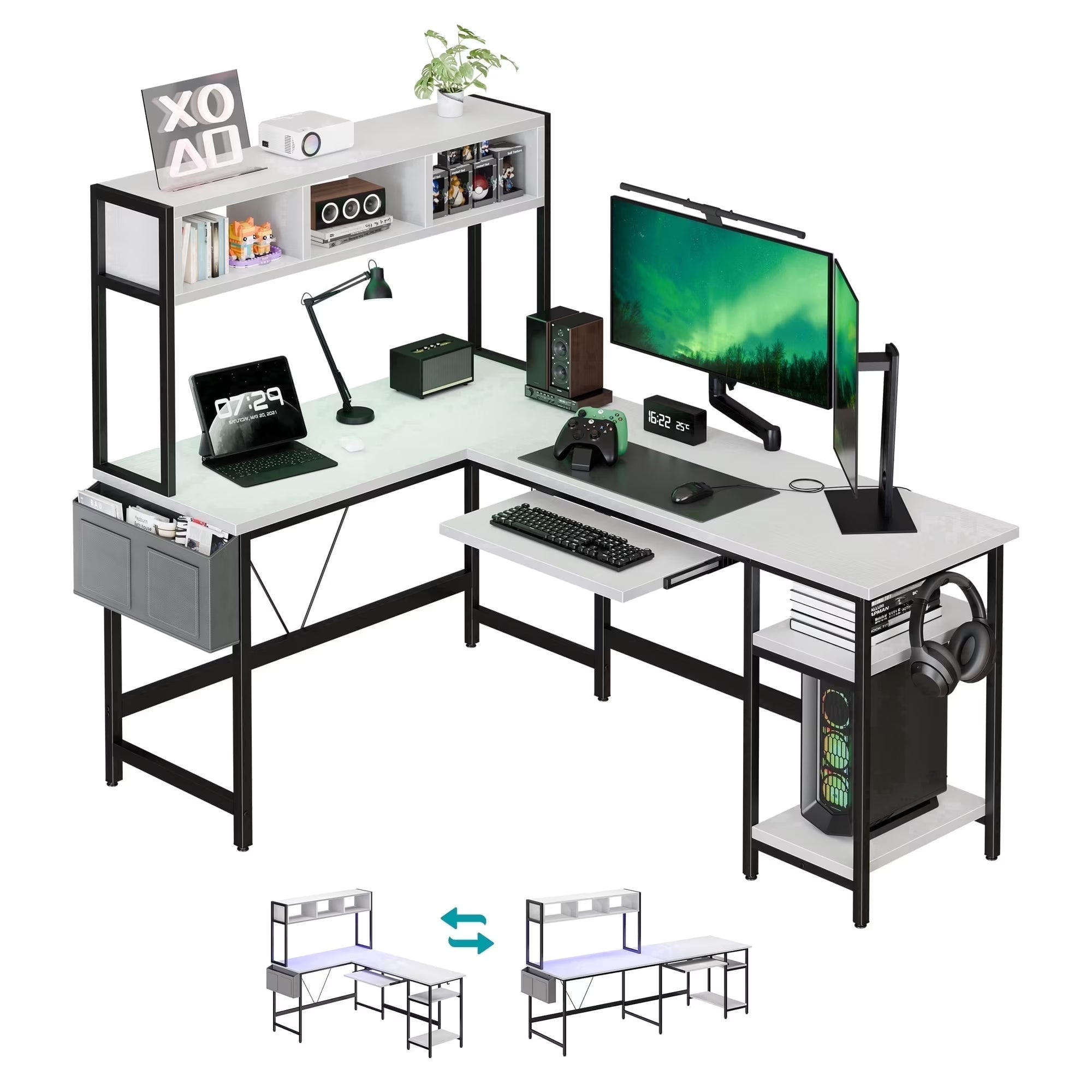 EDX 67‘’ L Shaped Computer Desk with LED Light & Power Outlet, Reversible Table with Shelf & Storage Bag & Keyboard Tray for Home Office, Corner Desk