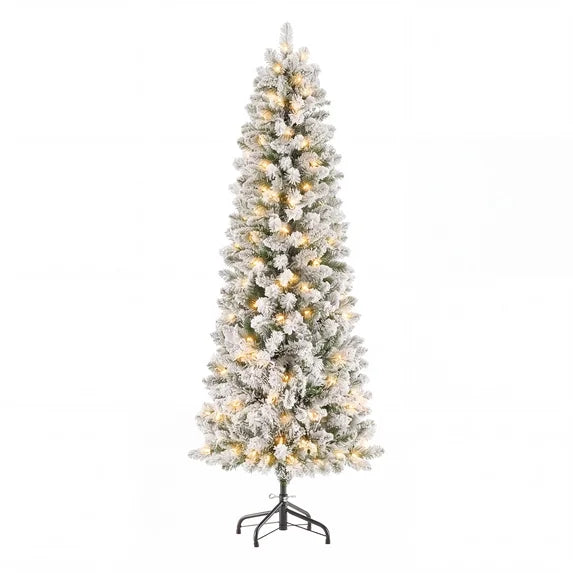 edx Pre-lit Snow Flocked Pencil Christmas Tree, Prelighted Artificial Slim Christmas Trees, With LED Lights,  Branch Tips & Foldable Base, For Home, Office, Party Decoration