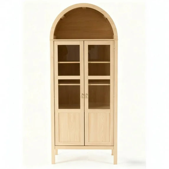 EDX 71" Wood Tall Storage Display Cabinet with Rounded Arched Top in Oak, 2 Doors