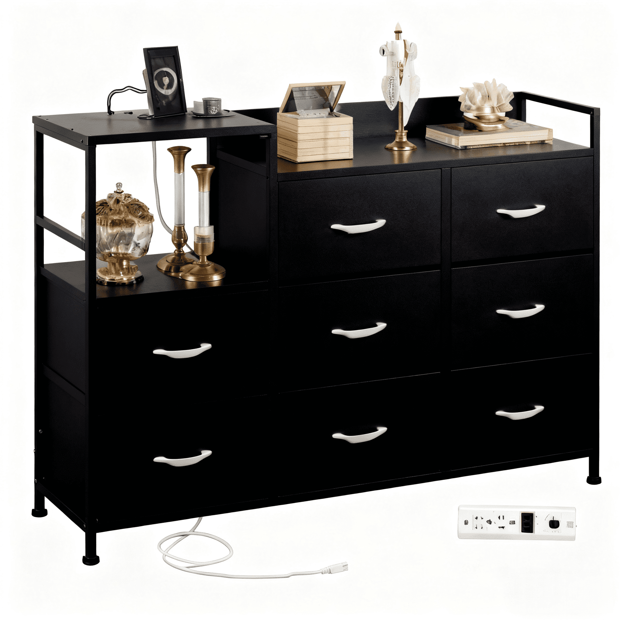 EDX 8-Drawer Fabric Storage Cabinet, Dressing Table, with LED Lights, Charging Dock, and Open Shelves,for Bedroom and Living room