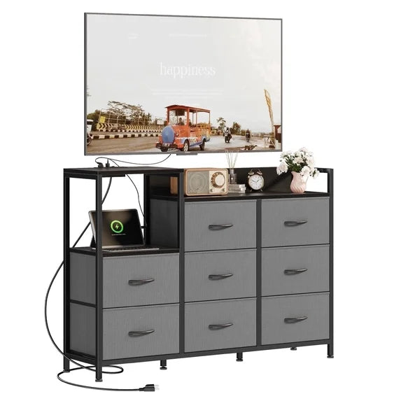 EDX 8 Drawer Dresser TV Stand, with Power Outlets and Open Shelves, for Bedroom and Living Room