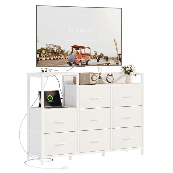 EDX 8 Drawer Dresser TV Stand, with Power Outlets and Open Shelves, for Bedroom and Living Room