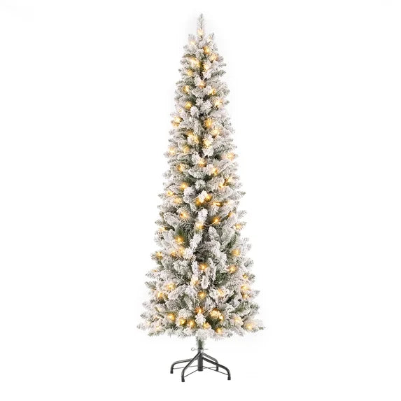 edx Pre-lit Snow Flocked Pencil Christmas Tree, Prelighted Artificial Slim Christmas Trees, With LED Lights,  Branch Tips & Foldable Base, For Home, Office, Party Decoration