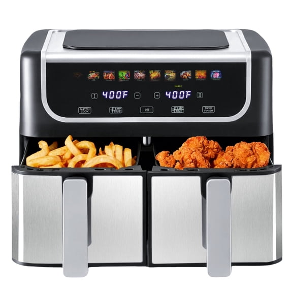 EDX 9QT Dual Basket Stainless Steel Air Fryer with Digital Sync & Match Cook, 1700W, 10 Presets, 2 Independent Cooking Zones, Shake Reminder