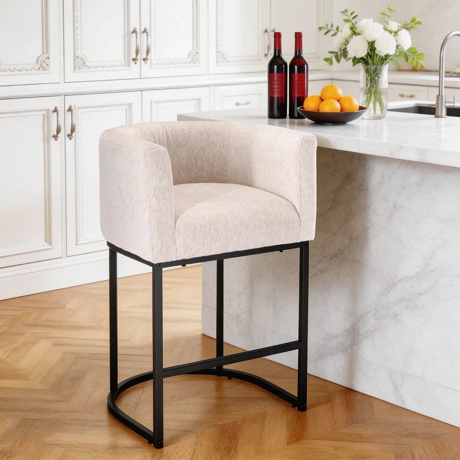 EDX Barrel Bar Stool, Modern Counter Height Barstools with Linen Fabric Upholstered Seat, 350lbs Capacity Kitchen Island Chair, Bar Stools with Metal Sled Base and Footrest for Living Room