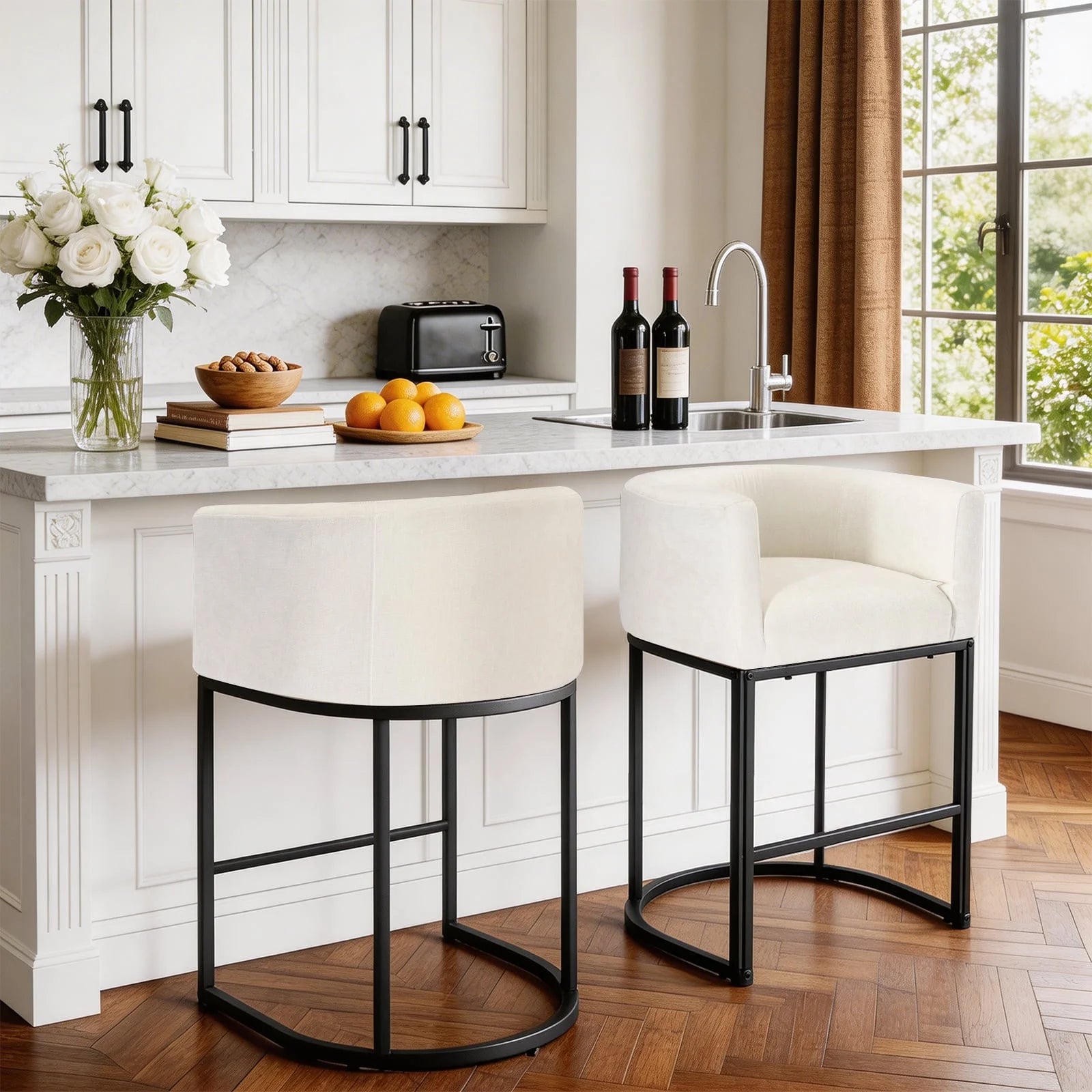 EDX Barrel Bar Stool, Modern Counter Height Barstools with Linen Fabric Upholstered Seat, 350lbs Capacity Kitchen Island Chair, Bar Stools with Metal Sled Base and Footrest for Living Room