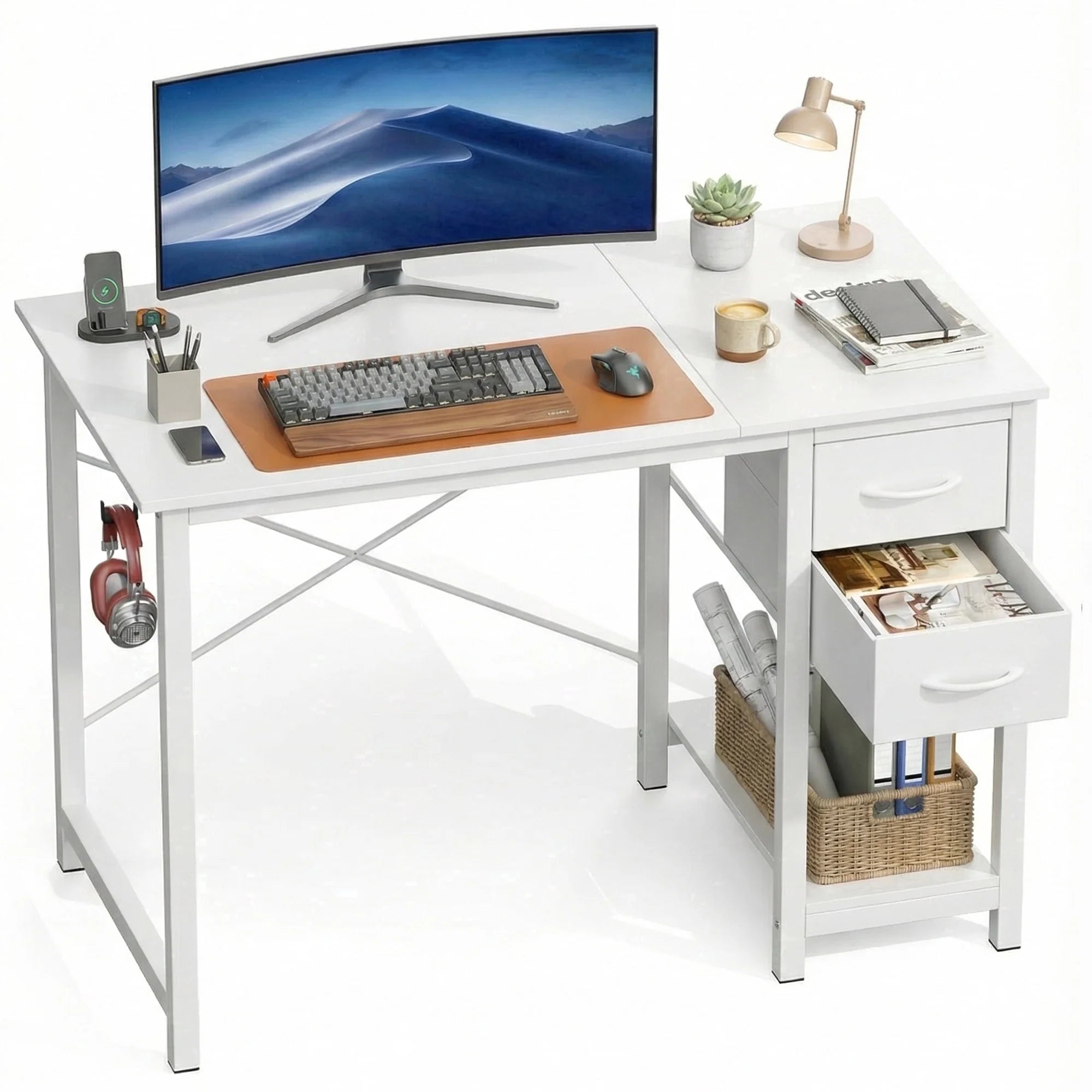 edx Computer Desk with 2 Drawers PC Table Study Writing Desk with Storage Shelf Headphone Hook, Simple Style Small Desk for Home