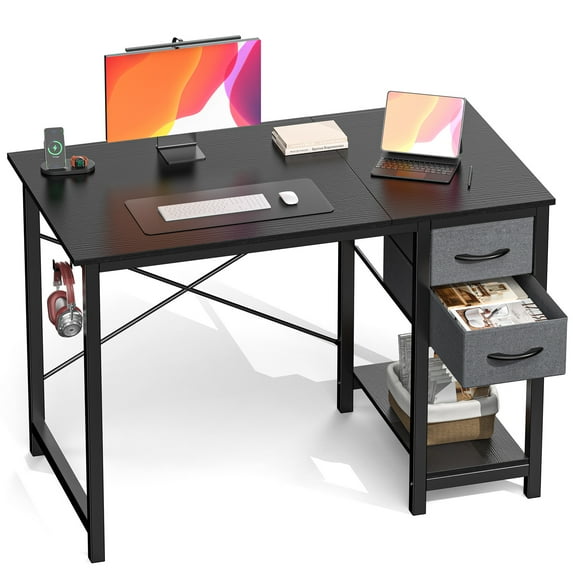 EDX Computer Computer Desk with 2 Drawers 47 Inch Table Working Desk with Storage Shelf Headphone Hook, Simple Style Desk for Home, Black Grain
