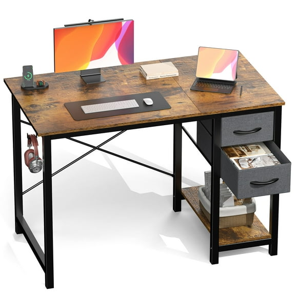 EDX Computer Computer Desk with 2 Drawers 47 Inch Table Working Desk with Storage Shelf Headphone Hook, Simple Style Desk for Home, Rust