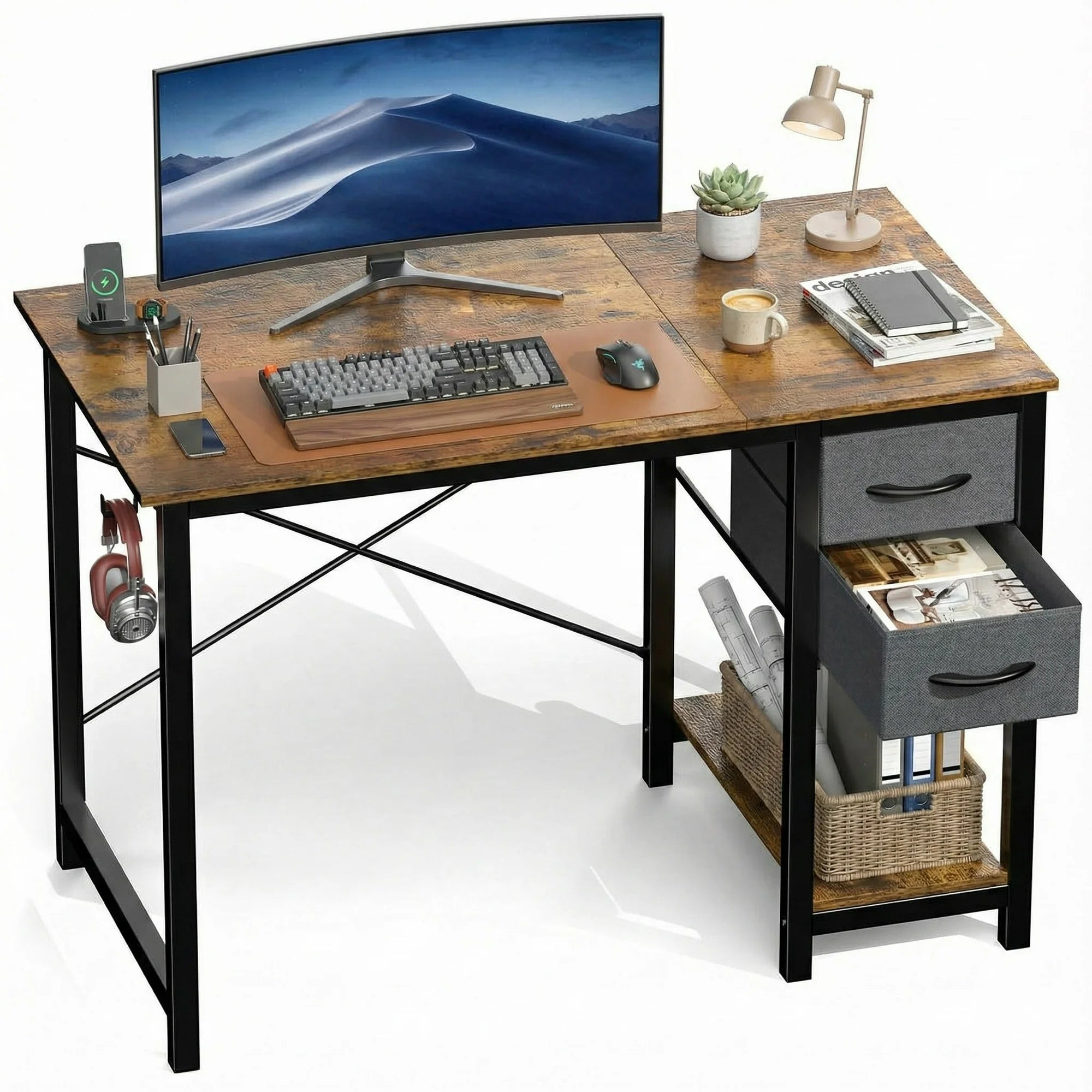edx Computer Desk with 2 Drawers PC Table Study Writing Desk with Storage Shelf Headphone Hook, Simple Style Small Desk for Home