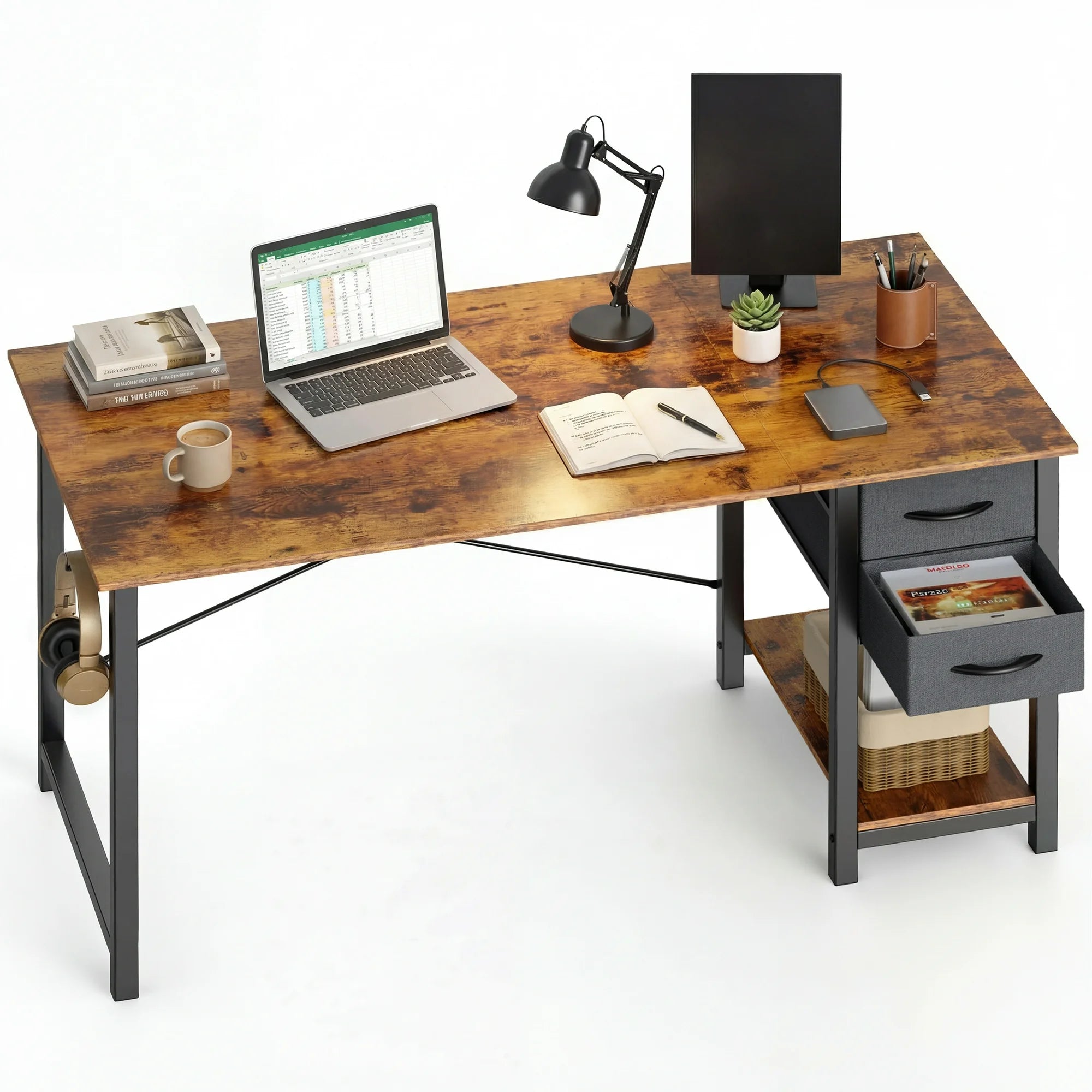 edx Computer Desk with 2 Drawers PC Table Study Writing Desk with Storage Shelf Headphone Hook, Simple Style Small Desk for Home