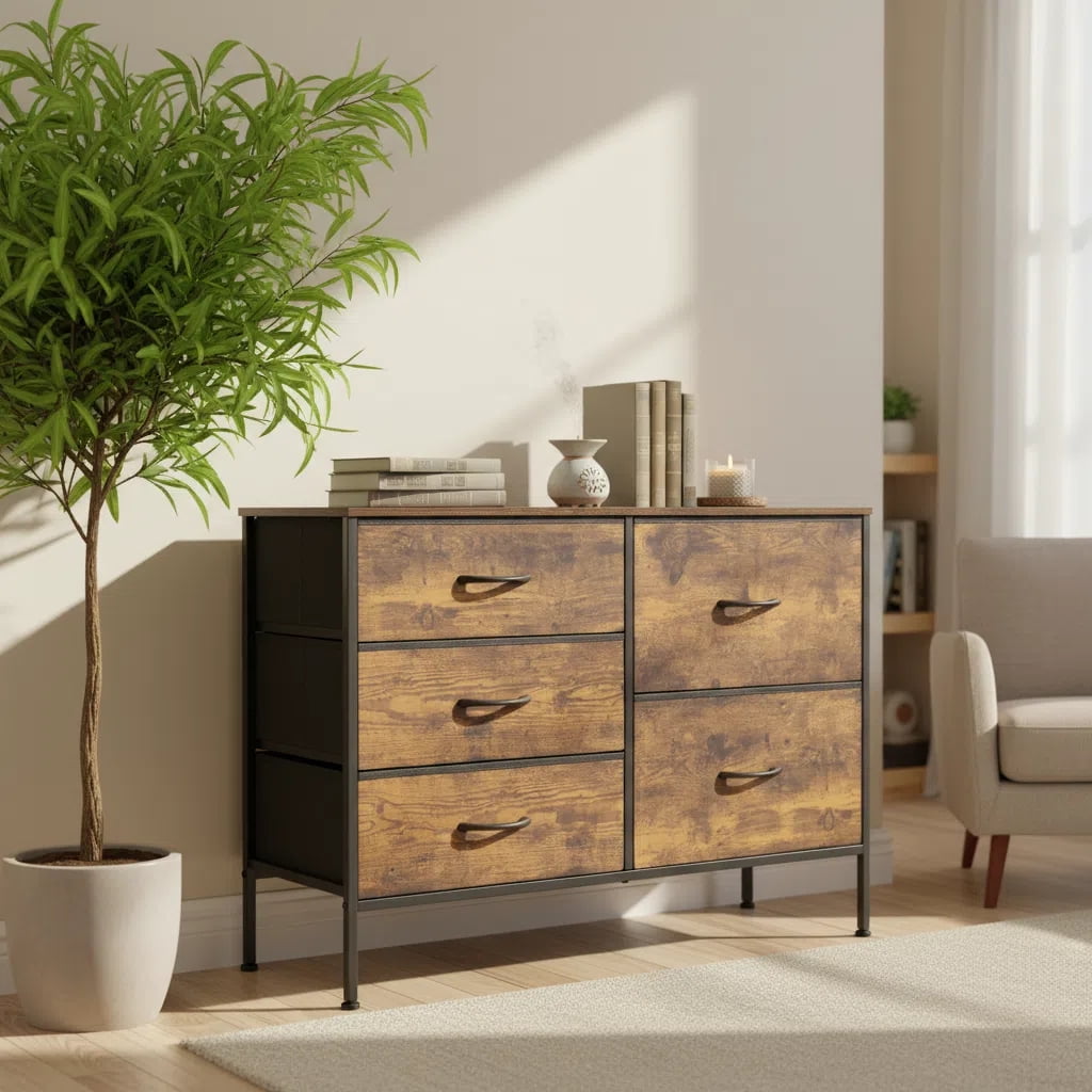 edx 5 Drawer Dresser for Bedroom, 39.4" Fabric Chest of Drawers with Wooden Top Metal Frame, Storage Organizer for Closet, Hallway, Nursery, and Living Room