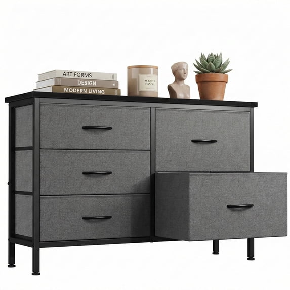 edx 5 Drawer Dresser for Bedroom, 39.4" Fabric Chest of Drawers with Wood Top Metal Frame, Storage Organizer for Closet, Hallway & Living Room