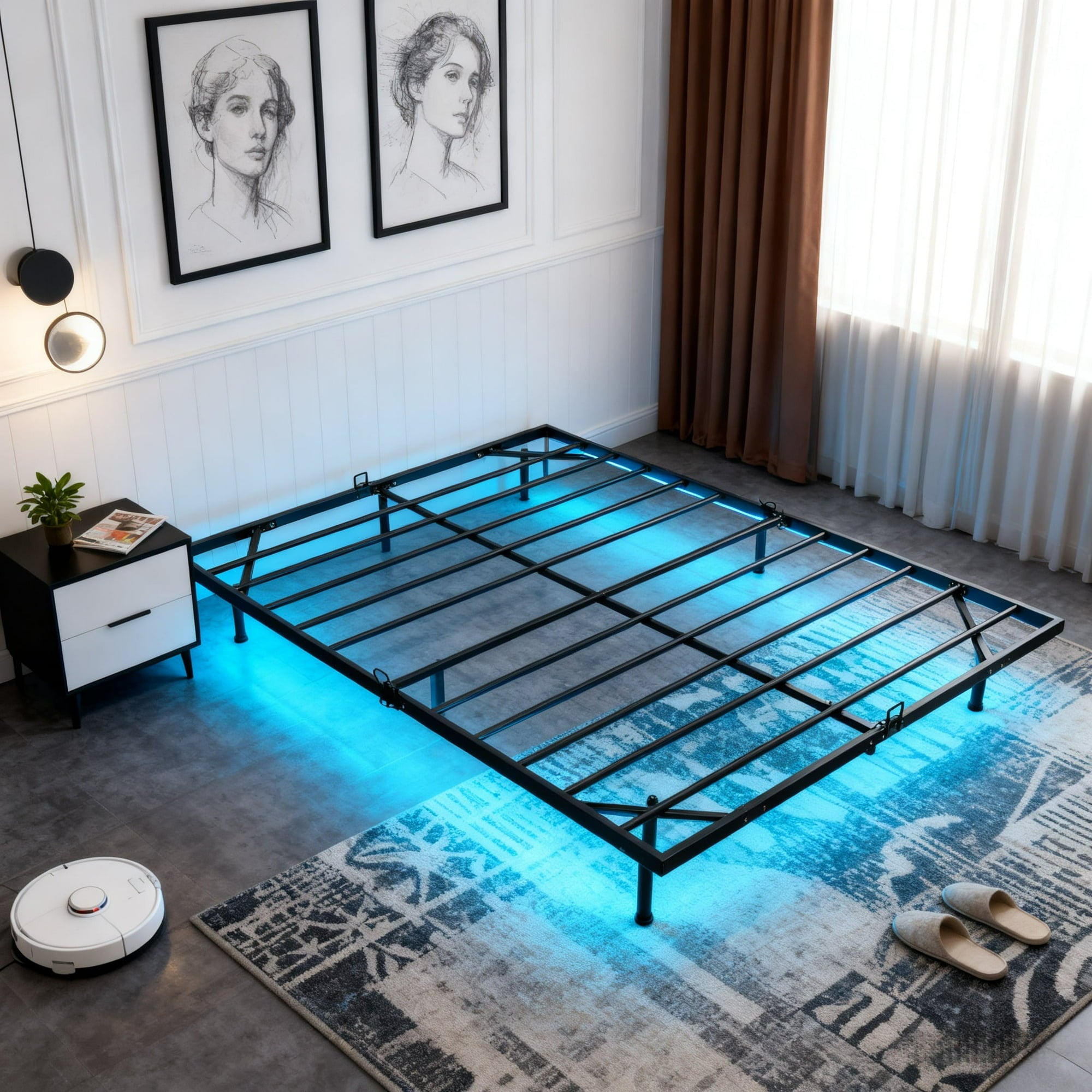 edx Size Floating Bed Frame, Metal Platform Bed Frame with LED Lights, Charging Station with 2 Outlets & USB Ports, No Box Spring Needed, Anti-Sliding, Noise Free, Easy Assembly, Black