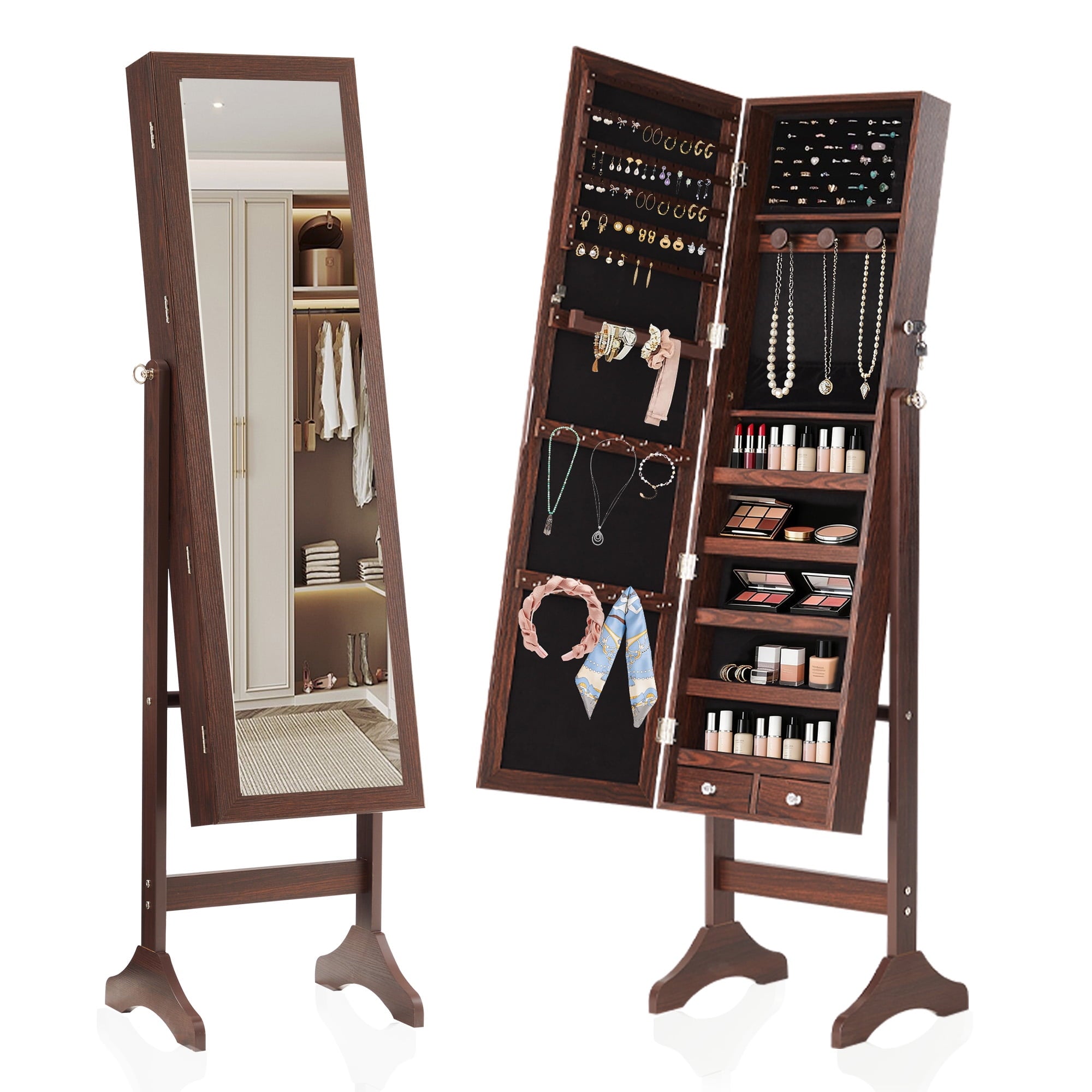 EDX Freestanding Full-Length Mirror Jewelry Cabinet, 3 Angle Adjustable Large Jewelry Armoire Organizer with Makeup Storage