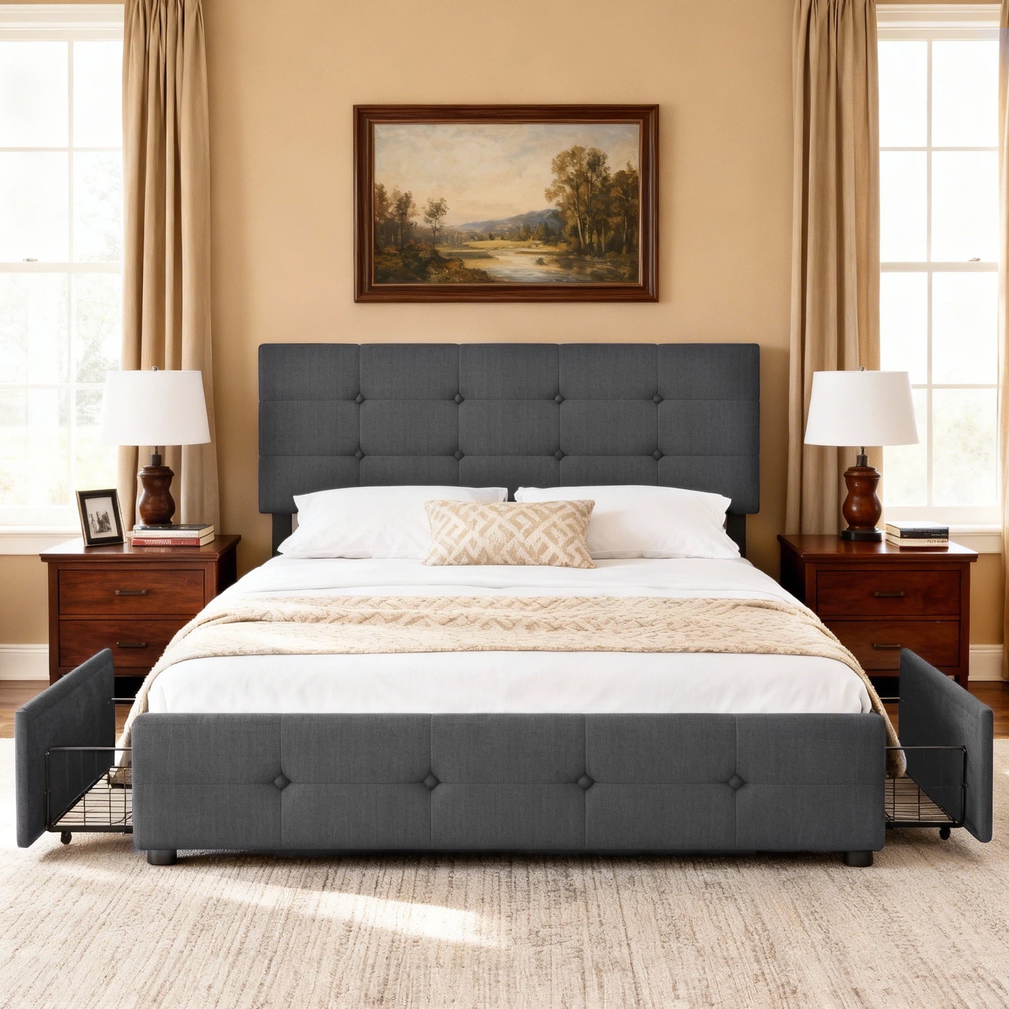 edx Bed Frame with 4 Storage Drawers, Velvet Upholstered Platform Bed with Adjustable Headboard, No Box Spring, Noise-Free, Easy Assembly, Gray