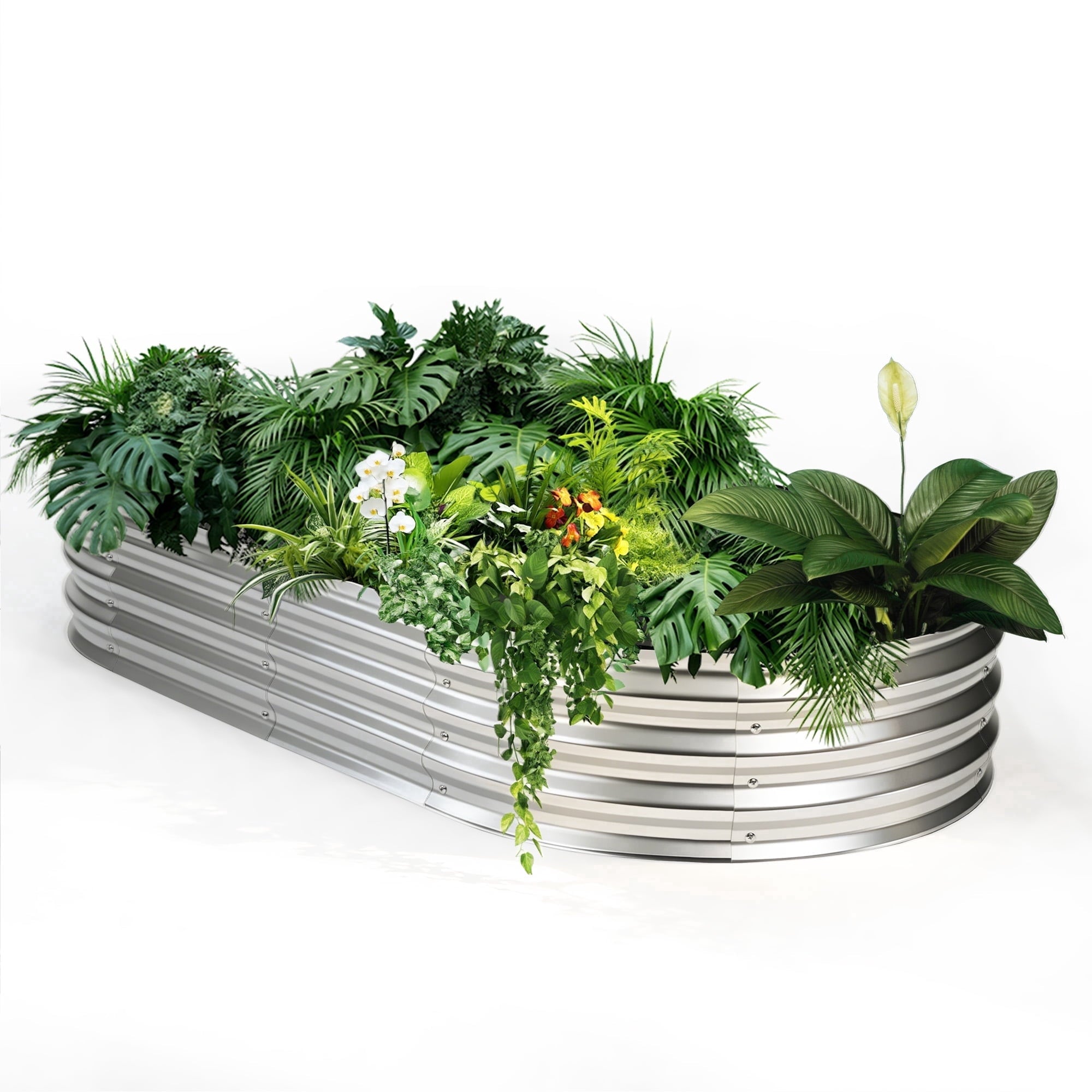 EDX Galvanized Steel Raised Garden Bed, Oval Metal Elevated Planter Box with Multiple Sizes for Outdoor Gardening, Silver