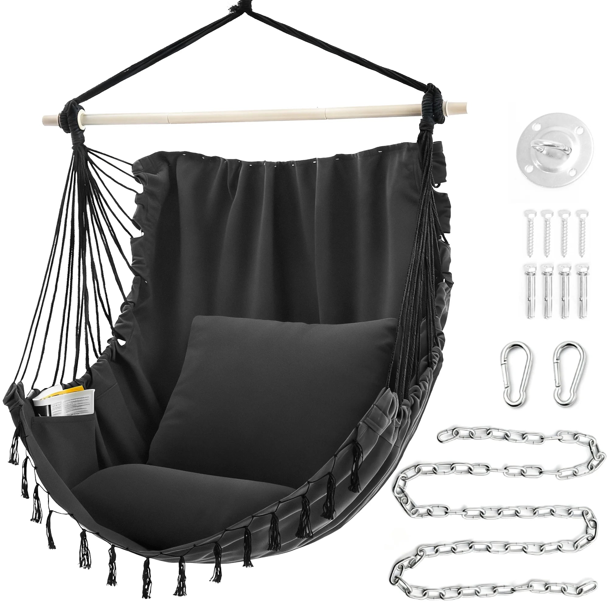 EDX Hammock Chair Hanging Rope Swing, Max 500 Lbs, 2 Cushions Included, Large Macrame Hanging Chair with Pocket for Superior Comfort & Hardware Kit